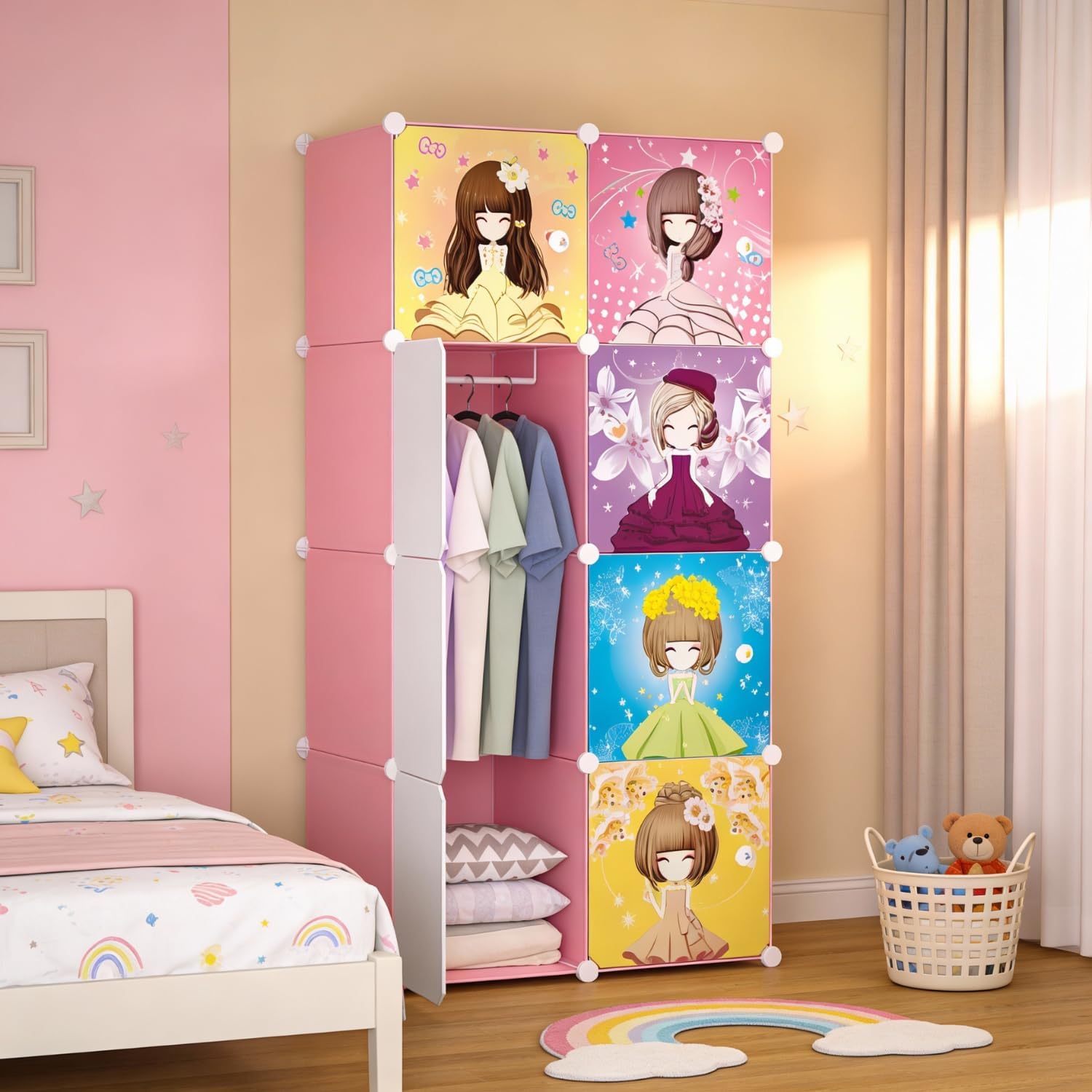 KRISHYAM® Portable Collapsible Plastic Wardrobe Closets 8 Storage Cube Closets with 1 Hanging Rod & 8 Doors,Multipurpose Kids Wardrobe for Baby Clothes/Book/Towels/Toy/Shoes (Barbie Print)