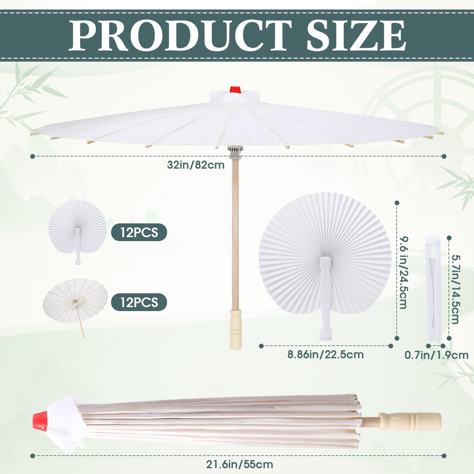 Abbylike 24 Pcs Round Folding Paper Fan and Oil Paper Umbrella Set, 32 in White Paper Parasol and 5.7 in Round Paper Fan, Suitable for Wedding Party Decoration Birthday Gift Supplies