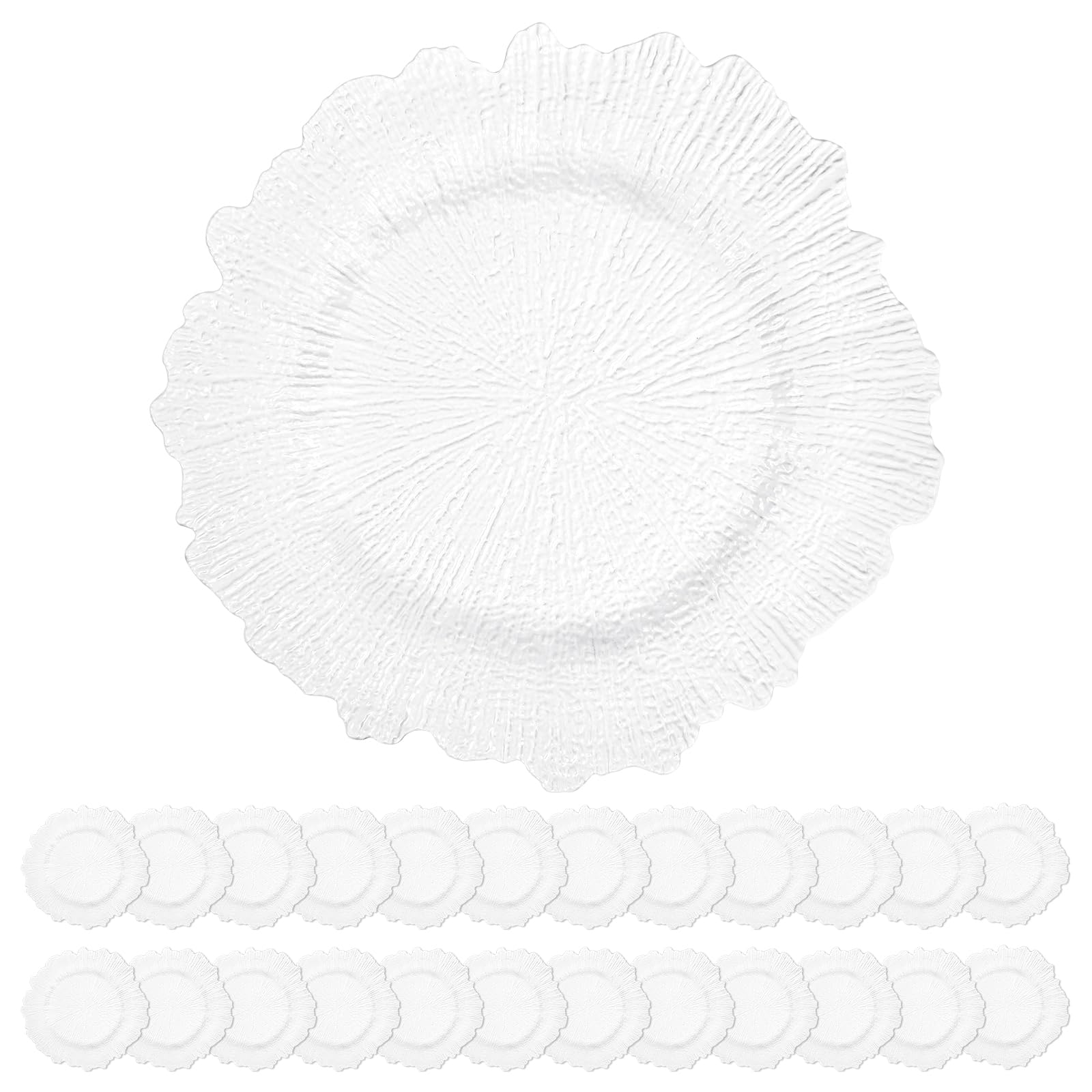 YJYQHYX 24 Pack White Charger Plates Bulk, 13" Plastic Reef Chargers for Dinner Plates, Round Charger Plate with Floral Reef Design for Dinner Wedding