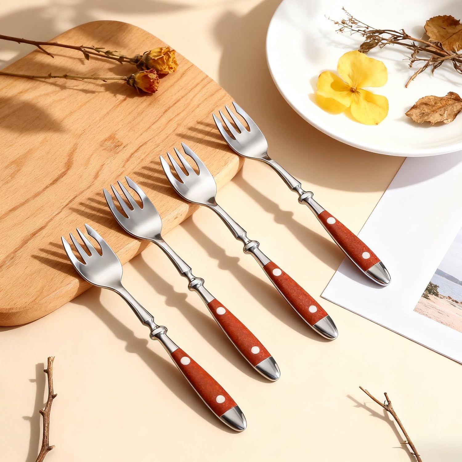 Sporks, 8-Pack Stainless Steel Sporks, 6.9 Inches Salad Forks and Spoons with Wood Grain Bakelite Handle For Dessert, Ice Cream, Salad, Soup, Noodle, Spaghetti, Dishwasher Safe