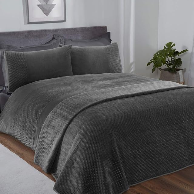 Sleepdown Pinsonic Grey Velour Geometric Panel Band Super Soft Cosy Luxury Duvet Cover Quilt Bedding Set with Pillowcase - Single (135cm x 200cm)