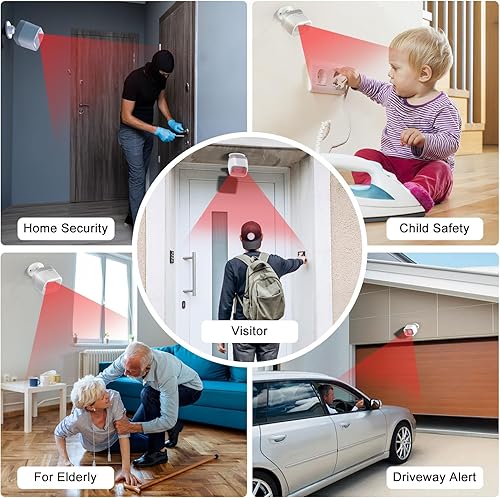 Miniatura 6 de Alarma inalámbrica para entrada – Sensor de movimiento para puerta, detector de movimiento exterior resistente a la intemperie, 58 melodías y rango