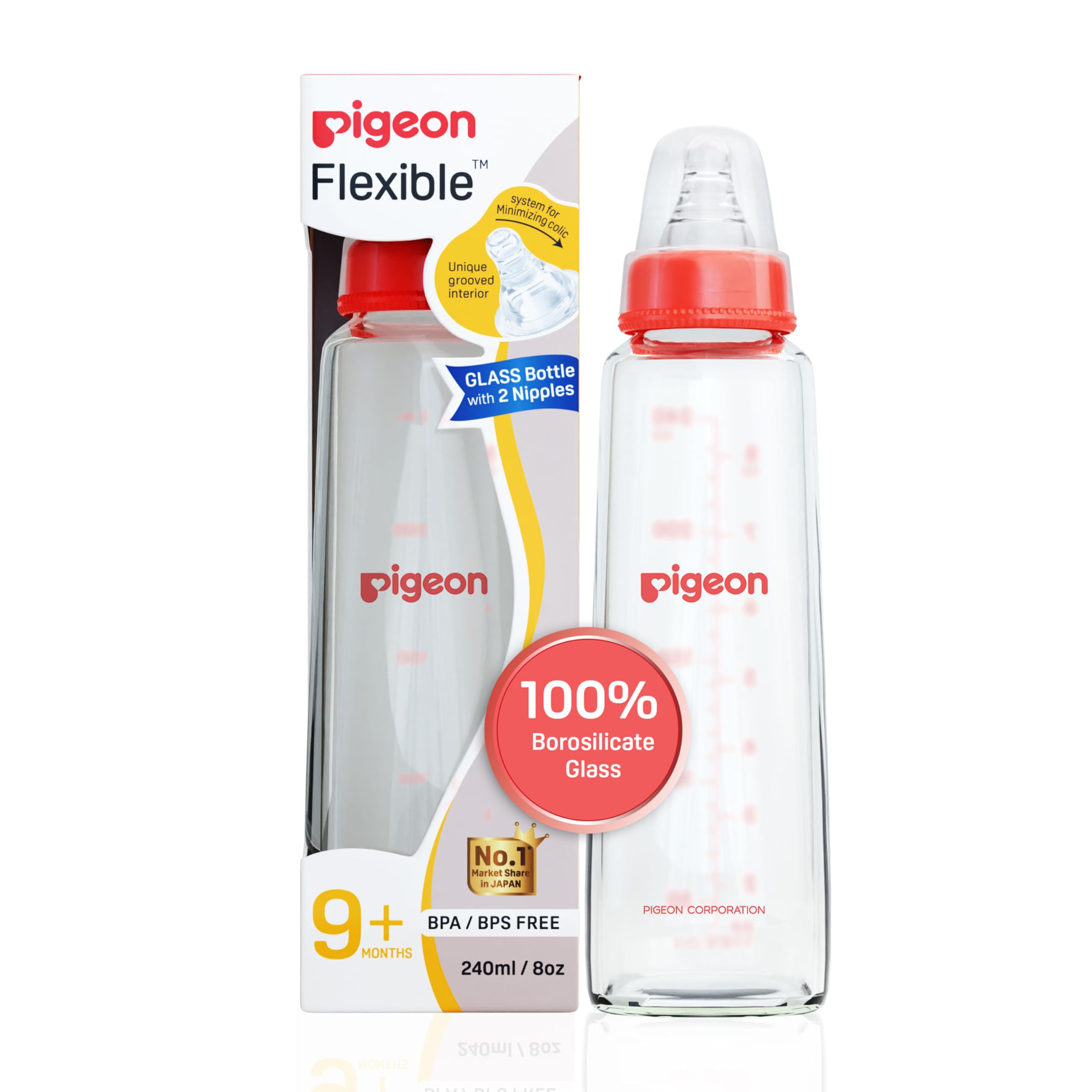 Pigeon Flexible Glass Nursing/Feeding Bottle With Added Nipple L,For 9+ Month Babies,Borosilicate Nursing/Feeding Bottle for Babies,BPA Free,BPS Free, Red,240 ml-picture-13