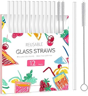 Reusable Glass Straws, 12-Pieces Drinking Straws with 2 Cleaning Brushes, Dishwasher Safe for Shatter Resistant, Eco Friendly Reusable Straws - Clear