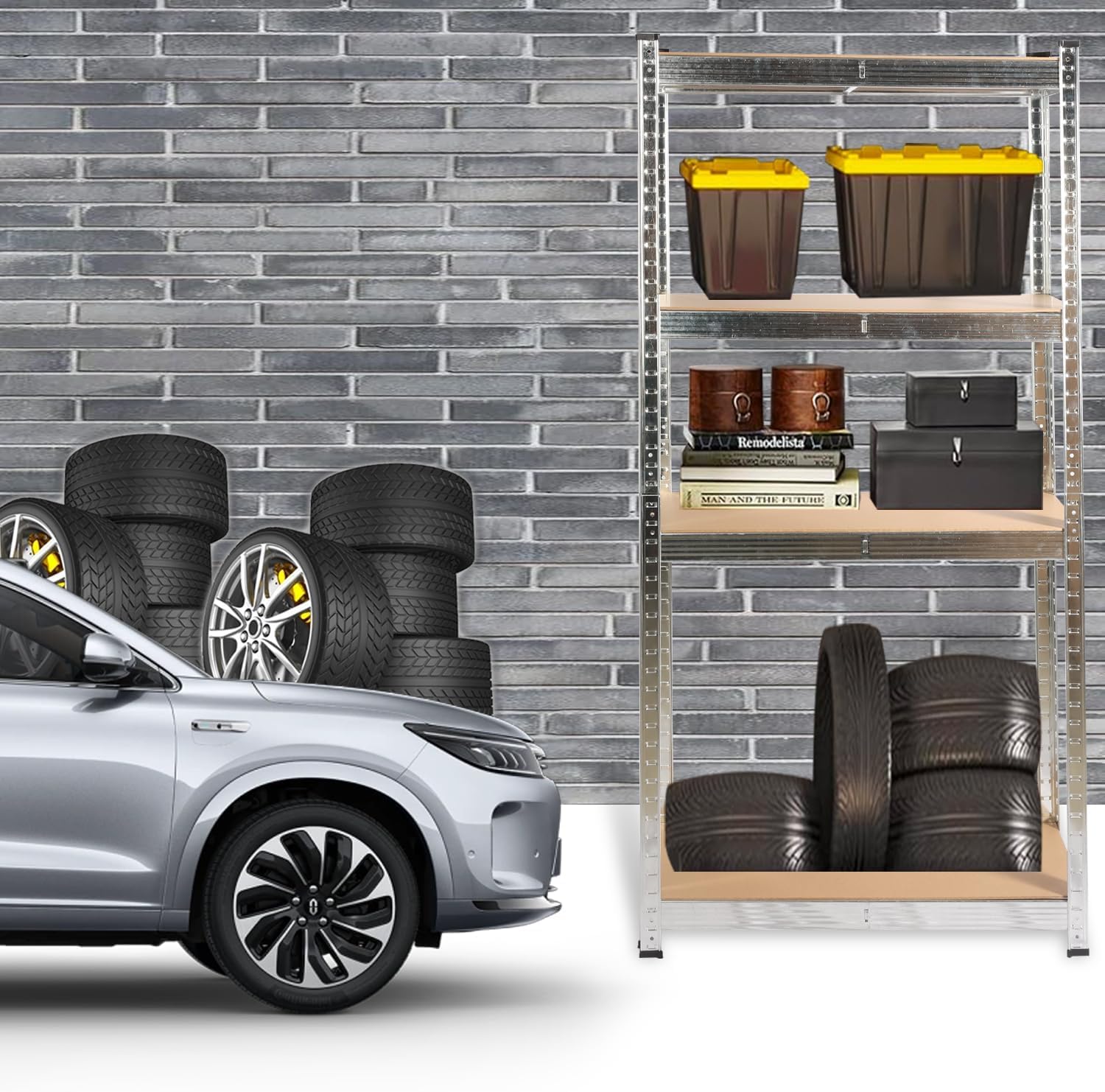 COZYBRITE Garagenregal, 4 Etagen, Robustes Schuppen, Lagerregal, Metall, schraubenlos, 175 kg pro Regal, 700 kg Tragkraft, für Lager, Werkstatt, Büro (90 x 45 x 180 cm) (2er-75x30x150 cm)