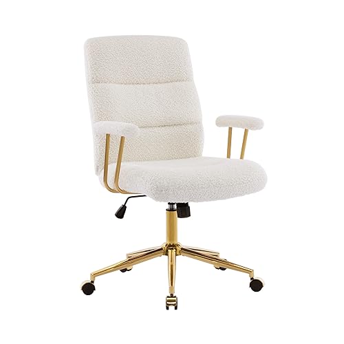 Elegant White and Gold Fuzzy Office Chair with Textured Boucle