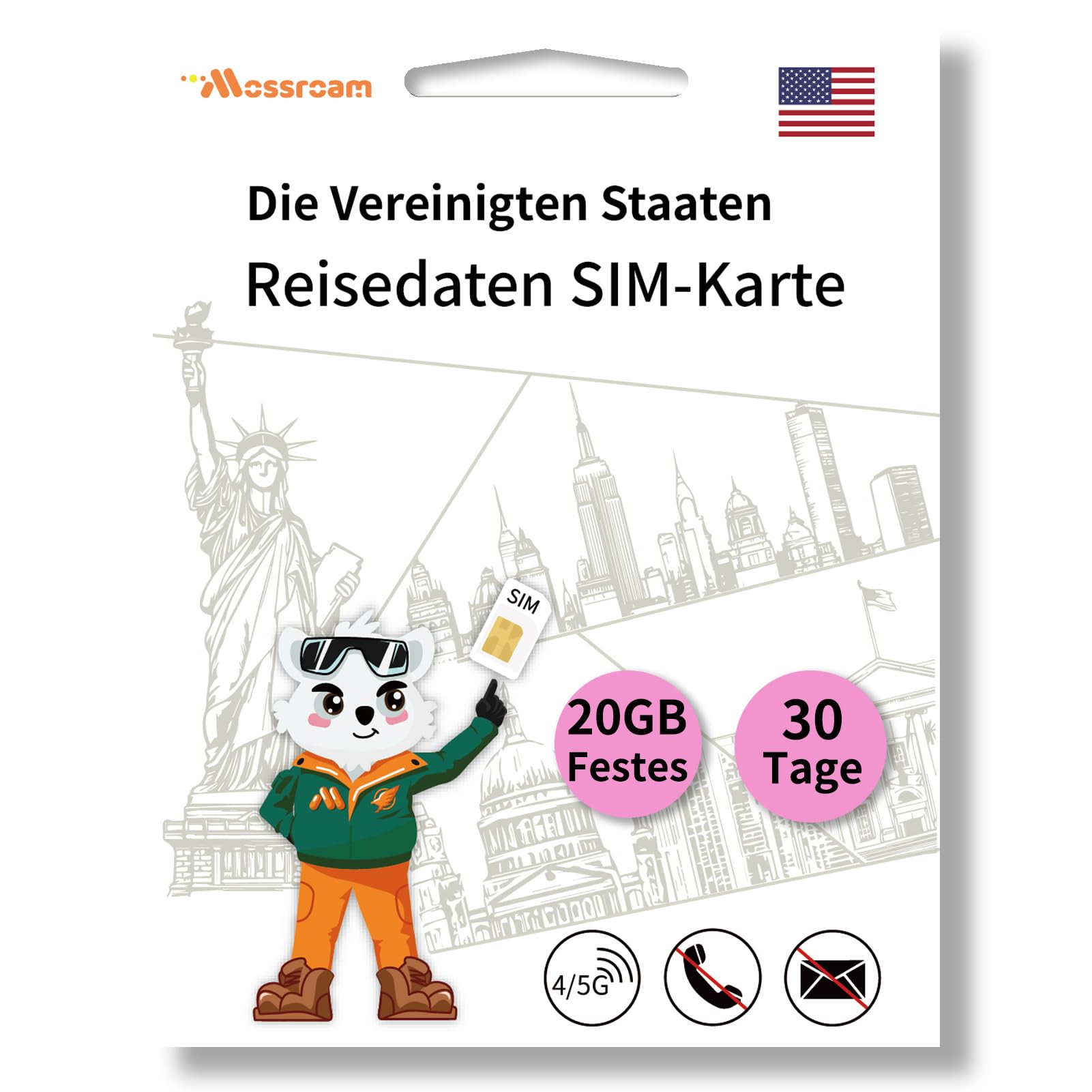 USA-Daten-SIM-Karte: Insgesamt 20 GB Highspeed-Daten, 30-Tage-Prepaid-Tarif, Hotspot-Unterstützung, kein Vertrag, Keine Sprachanrufe, Keine SMS