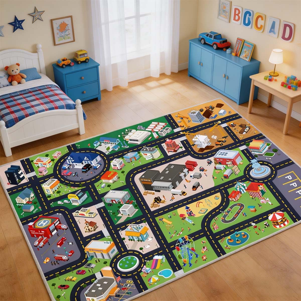 Outer Space Kid Rug，Boys Car Rug for Kids Toy Cars Have Fun Safely, Non-Slip Educational City Road Rugs Carpets for Kid Room Bedroom（47×31 in