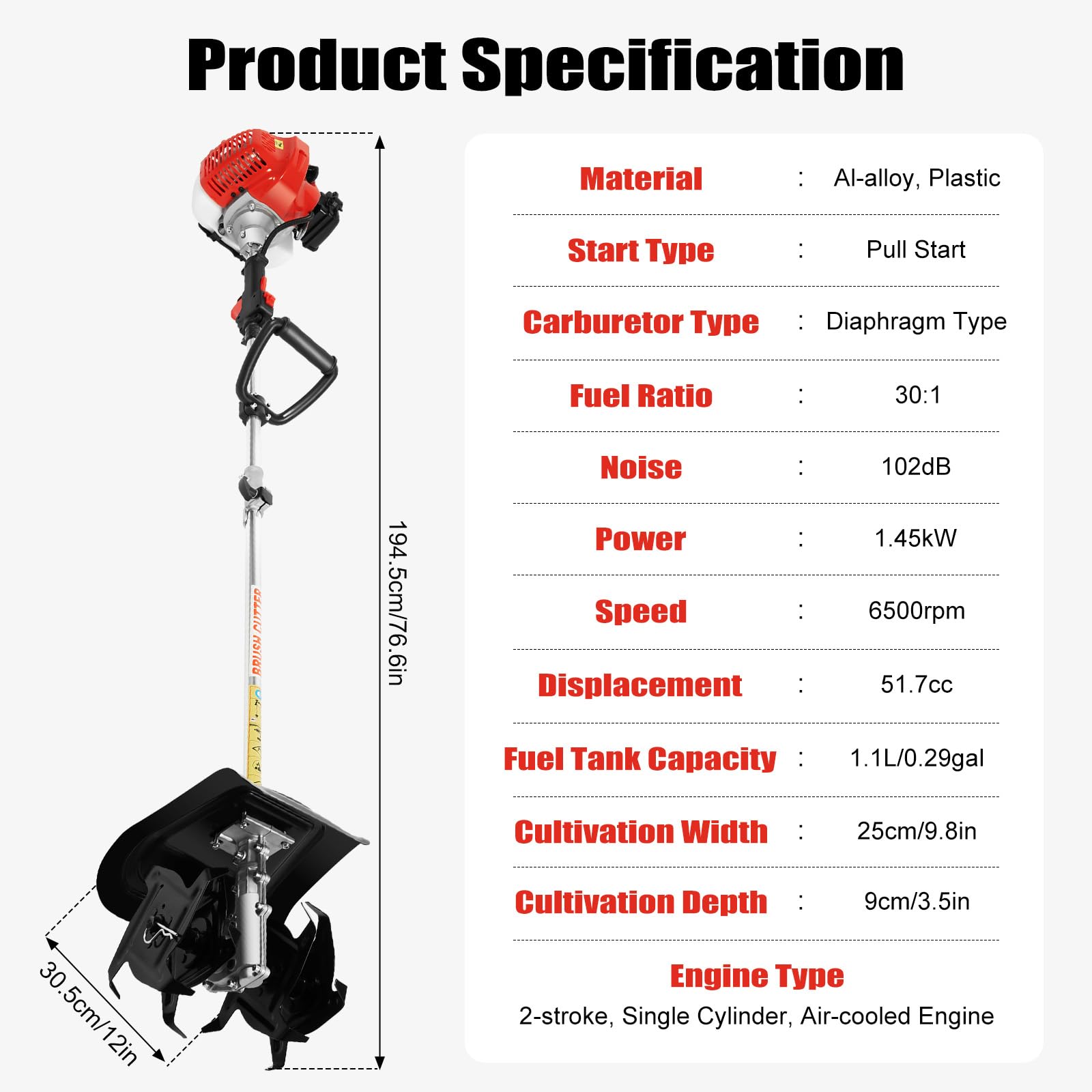 Rototiller a gas de 51.7 CC, cultivador de mano pequeño de un solo cilindro de 2 tiempos, 6500 RPM refrigerado por aire con tanque de combustible de 1.1 L para deshierbe de suelo suelto de
