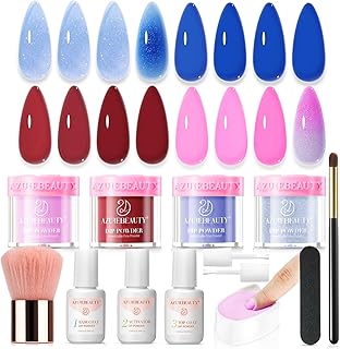 Dip Powder Nail Kit, Pinkish Blue Ombré 4 Colors Upgraded Brush One-Step Dipping Powder with Base & Top Coat Activator for French Nail Art Manicure Salon DIY at Home