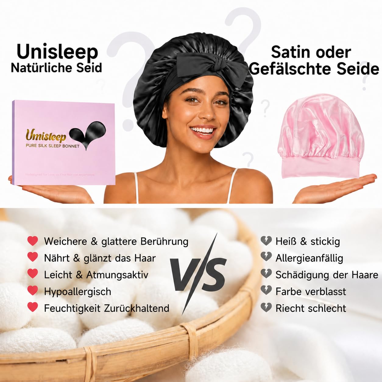 Umisleep 22 Mommes, berretto da notte in seta di gelso in seta di seta di seta morbida per capelli ricci, traspirante, fascia larga regolabile per fissare la testa, nero