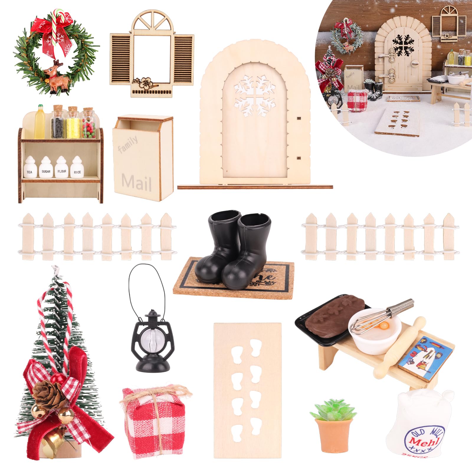 Porta in miniatura, porta degli elfi di Natale Set 27 pezzi/set Fata in legno Gnomo di Natale con cassette delle lettere miniatura Recinzione Stivali Ghirlanda per decorazioni Bambini, Elfo