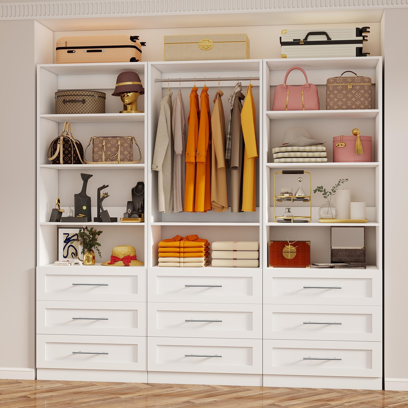 Closet System with 3 Sets, 6โ15 FT Closet System with 9 Drawers, 9 Shelves & 4 Adjustable Hanging Rods, Max 189.3" Closet Organizer Systems for Walk-in Closets, Modular Custom Closet Tower, White