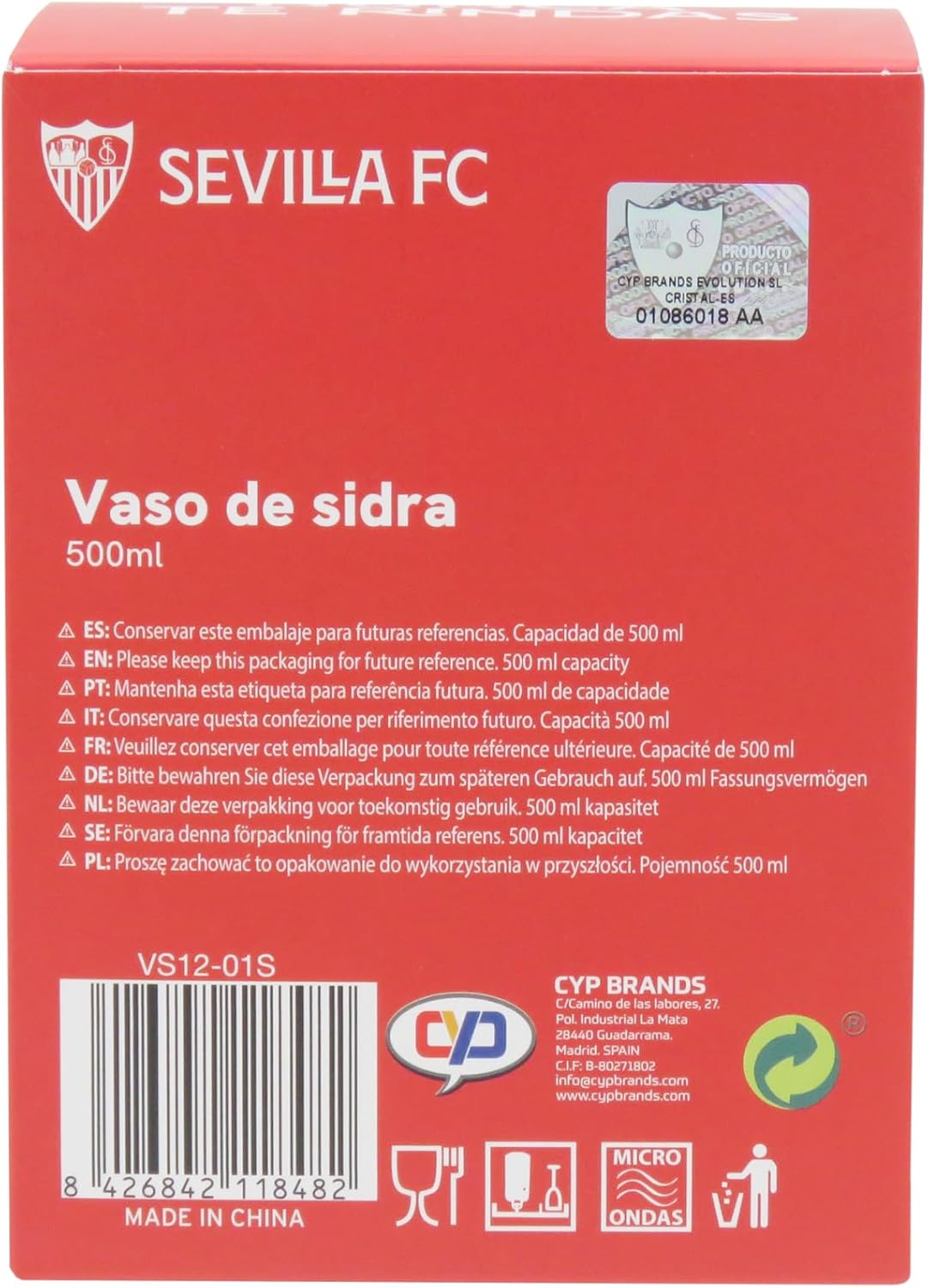 Sevilla FC Cider Glass, Durable, Dishwasher and Microwave Safe, 500ml Capacity, Official Product