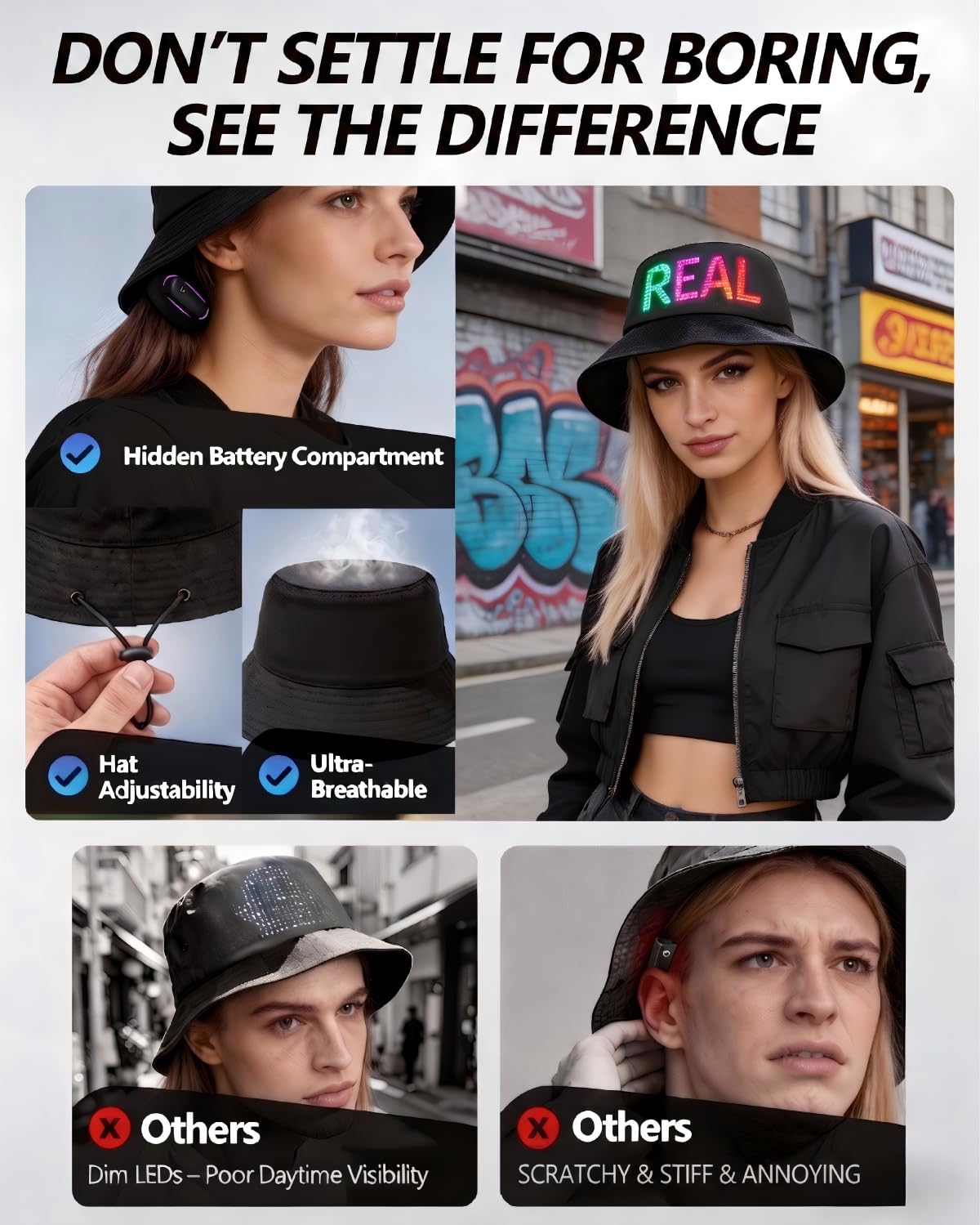 LED Bucket Hat Fischerhut Programmierbar mit App-Steuerung, Leuchtender Hut mit Laufschrift Display, Cyberpunk Festival Outfit Rave Partyhut für Herren Damen, USB-C, Schwarz