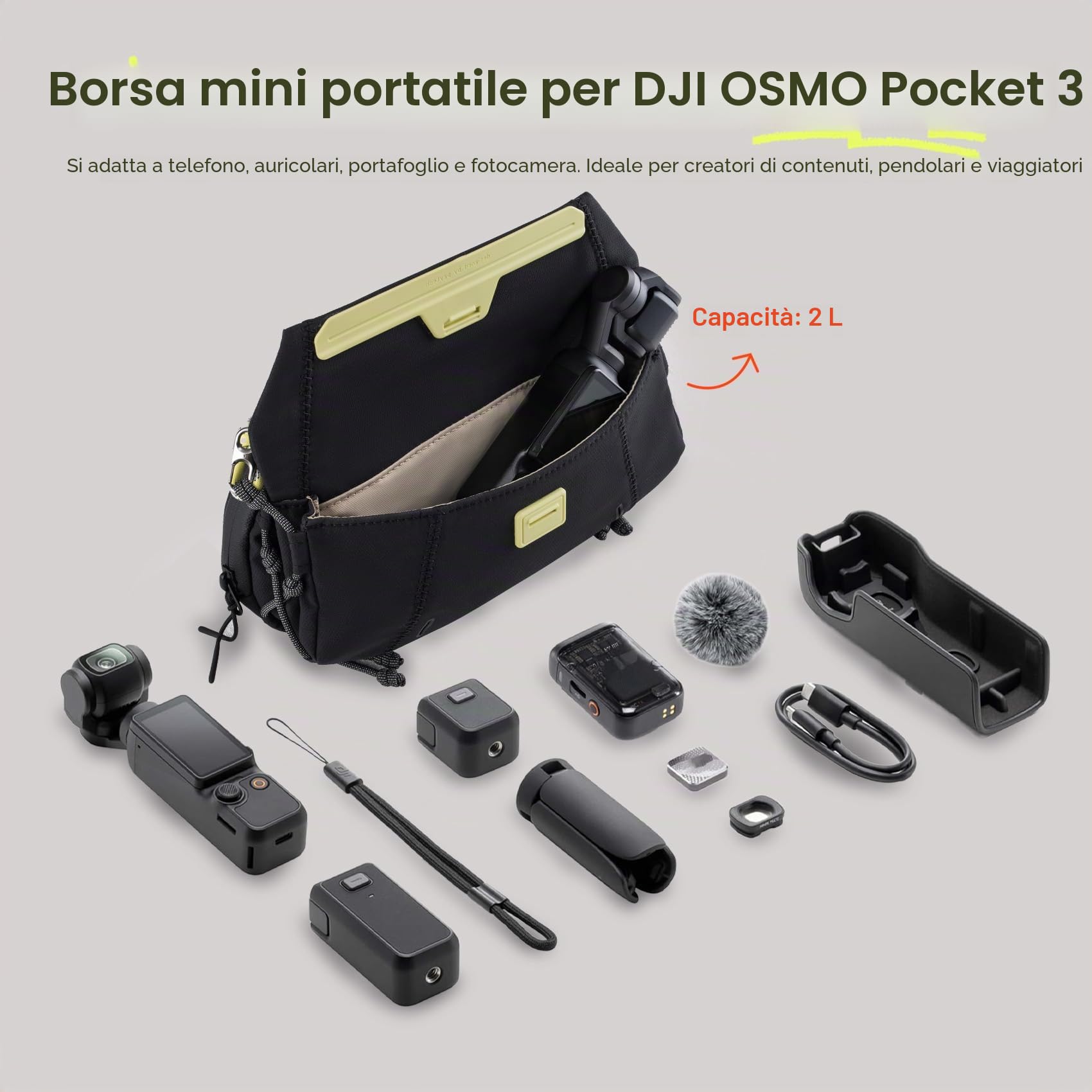 PGYTECH OneGo Pocket Borsa a Tracolla, Borsa Spalla Actioncamera/Telefono | Stile Casual Quotidiano, Design a Scomparti Sandwich, Chiusura Magnetica Rapida, Tessuto Leggero Resistente, Verde