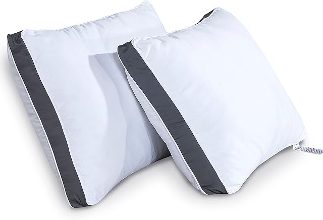 Soft Hotel Quality Grey Stripes Edges 100% Cotton 800 Thread Count Hallowfibre New filled Sleeping pillows pack of 2 medium support for Stomach, back and Side Sleepers (45x68 cm)
