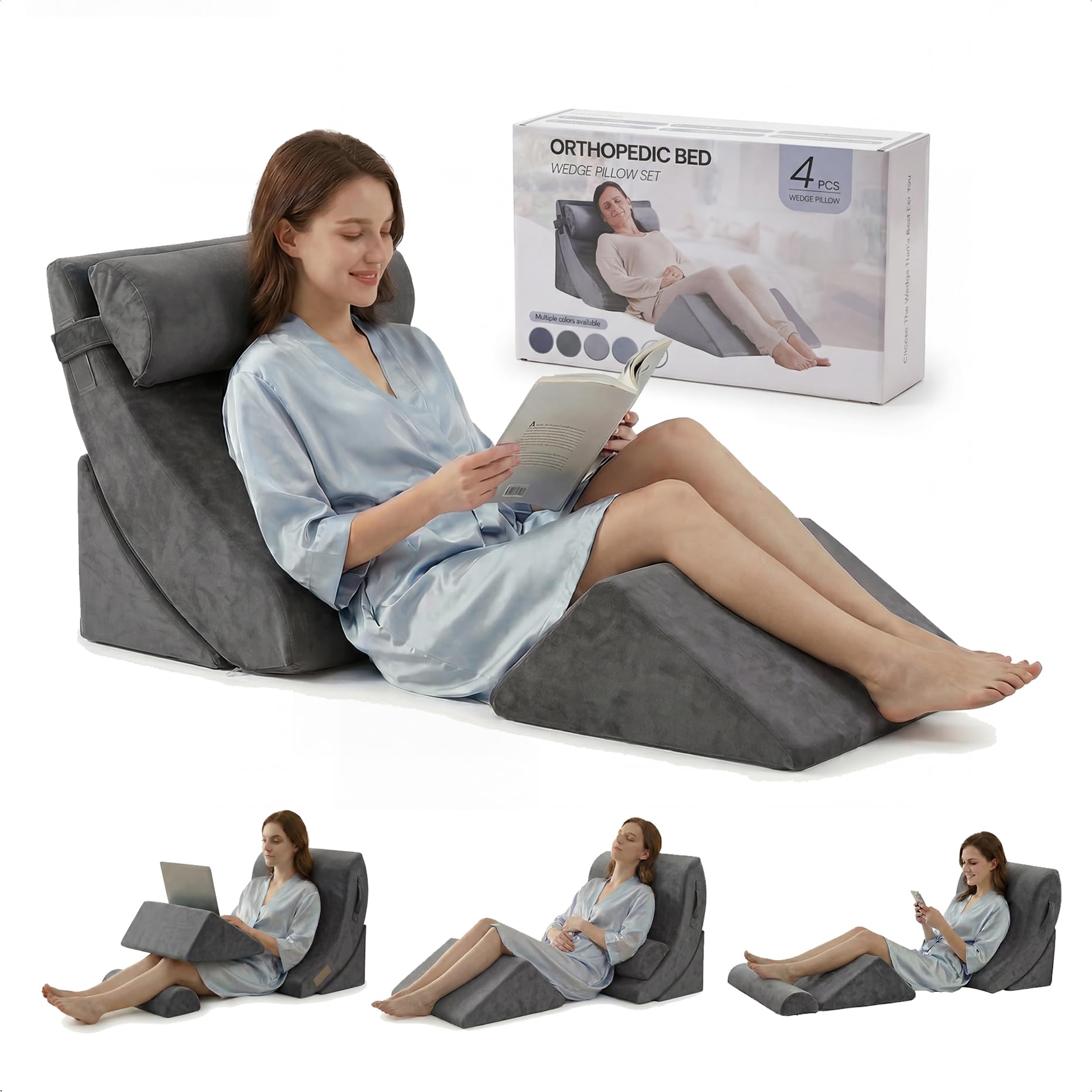 Axelrod Dark Grey Orthopedic Bed Wedge Pillow Set, Post Surgery Foam For Back, Neck And Leg Pain Relief Comfortable & Adjustable Ortho Pillows- Anti Snoring, Heartburn, Acid Reflux & Gerd Sleeping