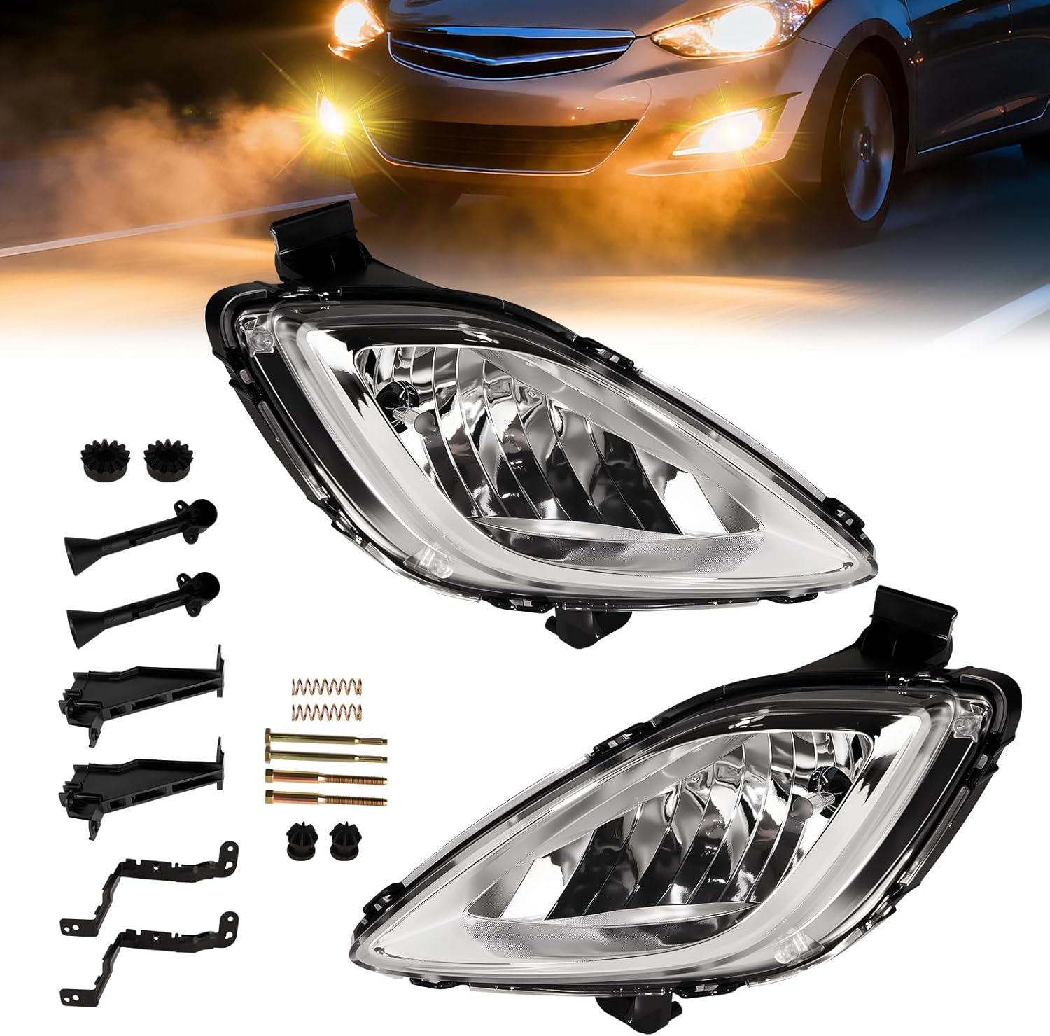 Fog Light Assembly Compatible with Elan-tra 2011-2013 Bumper Lamp Right Left Side Halogen Bulbs Clear Lens