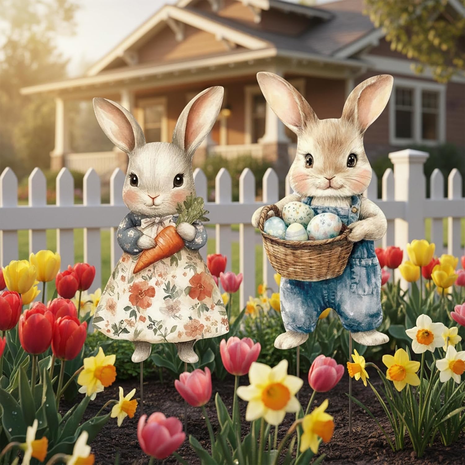 2 Pcs Easter Metal Vintage Bunny Yard Signs, Retro Bunny Couple Easter Decorations Outdoor, Farmhouse Rustic Rabbit Hanging Wall Decor with Carrot Eggs for Home Family Outside Spring Patio