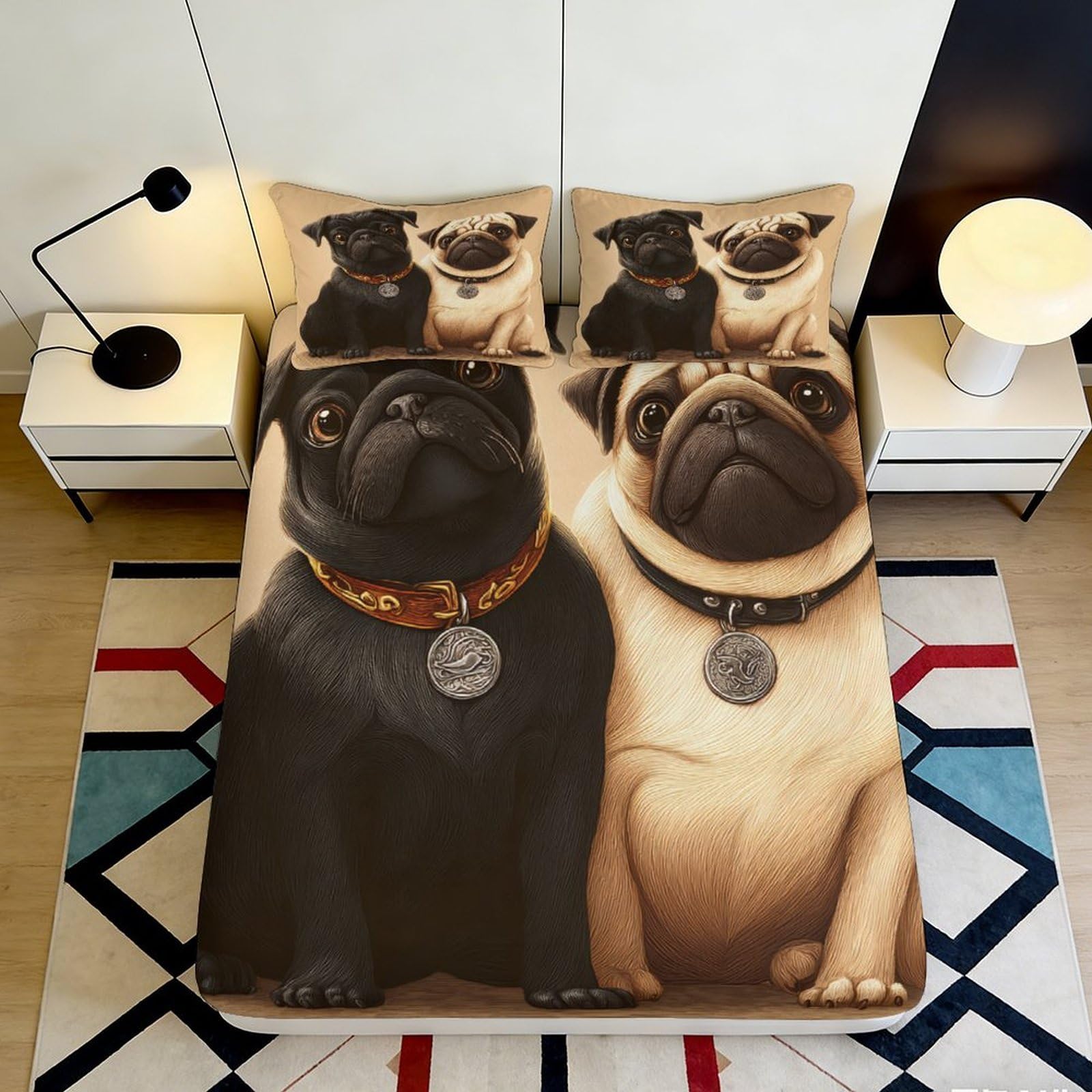 3D Printed Black Pug Beige Pug Fitted Sheet Microfiber Anti-Slip Mattress Cover for Bedroom Dorm Easy Care Decor 160x200x25cm