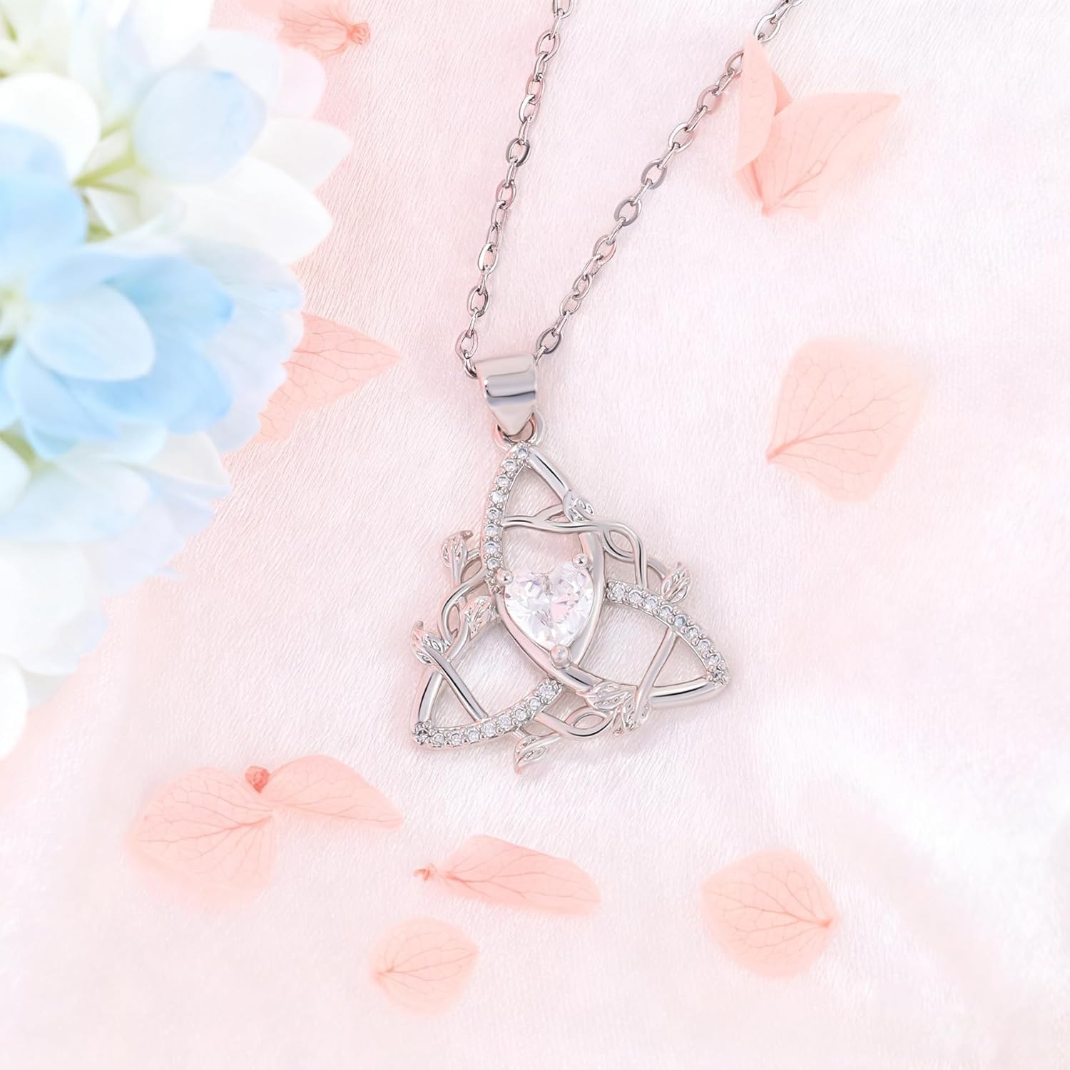 Celtic Knot Necklace S925 Sterling Silver Cubic Zirconia Trinity Love Knot Necklace with Leaf Witches Knot Irish Triquetra Nudo de Bruja Jewelry Gifts for Women Mom Wife Her Birthday Christmas - Image 2