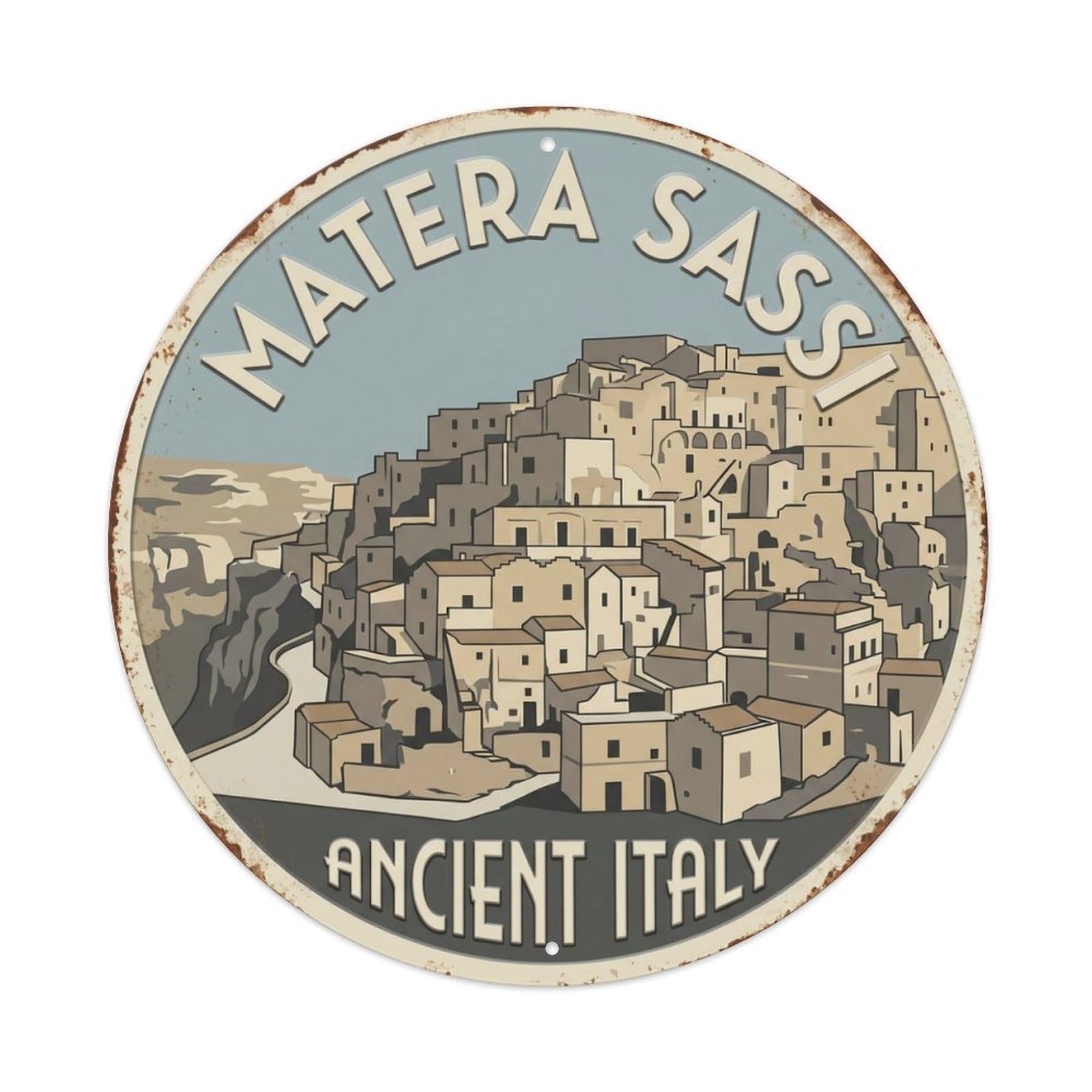 Matera Sassi Ancient Italy Cave Metal Tin Sign Plaque Wall Decor for Cafe, Club Bar, Office, Home Garden Round Metal Poster 8x8Inch