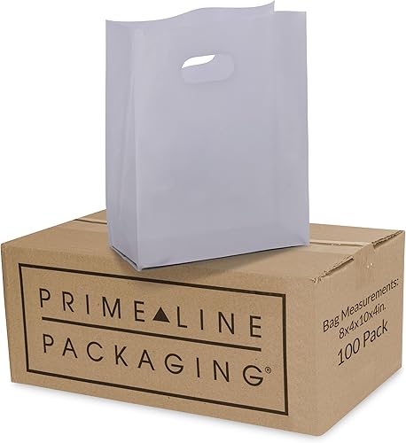 Prime Line Packaging Bolsas de Compras de Plástico Blanco, Bolsas de Plástico Transparente Esmerilado con Asas Troqueladas para Restaurantes, Comida