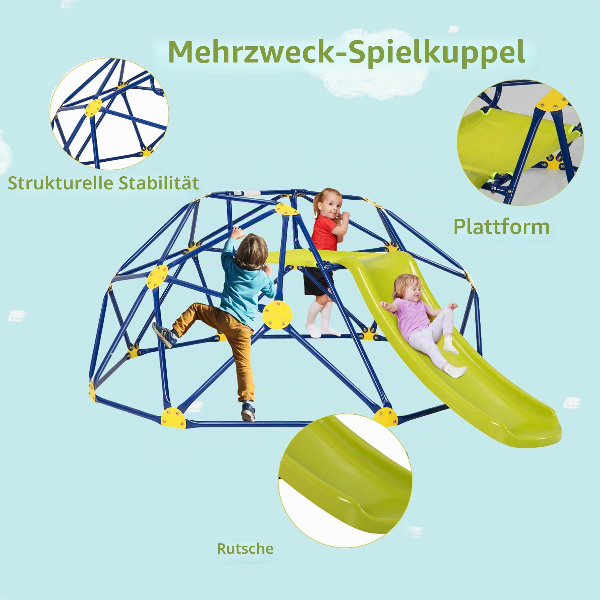 LIFEZEAL Klettergerüst mit Rutsche, Outdoor & Indoor Kletterturm, Kletterkuppel für Jungen & Mädchen, Domeclimber Metallklettergerüst ab 3 Jahren