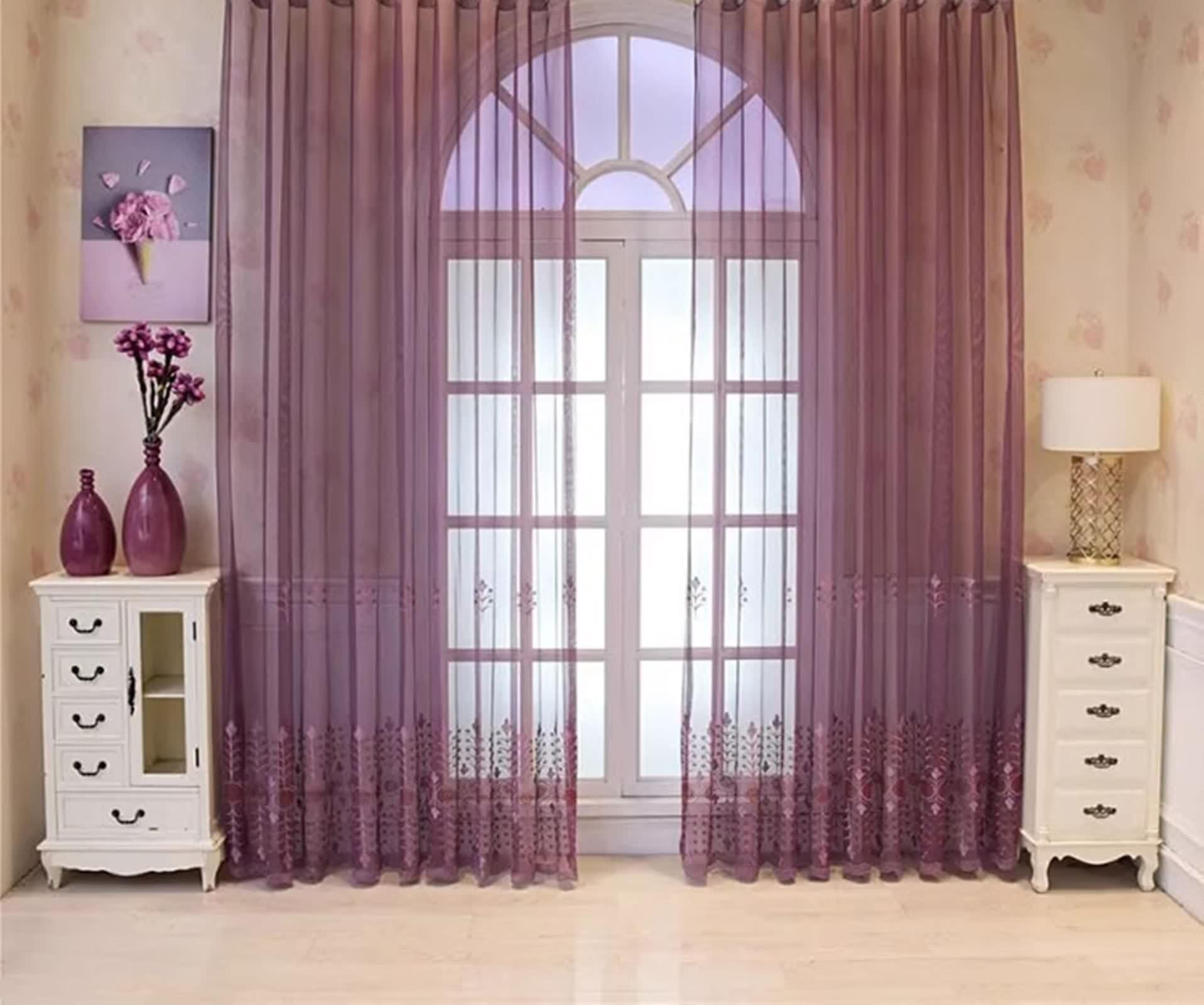 Rideau de Cuisine, Rideau Mariage Motif de Broderie en Dentelle Polyester Violet Foncé Voilage Fenetre 86L x 183H CM Lot de 2