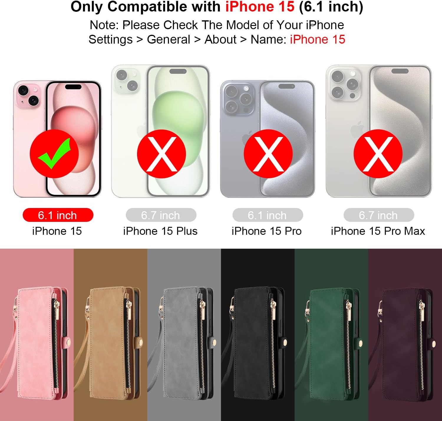ELESNOW Wallet Case for iPhone 15 Case for Women Men, PU Leather with Card Holder Wrist Strap Crossbody Stand Magnetic Closure Flip Phone Case Cover for Apple iPhone 15, Black