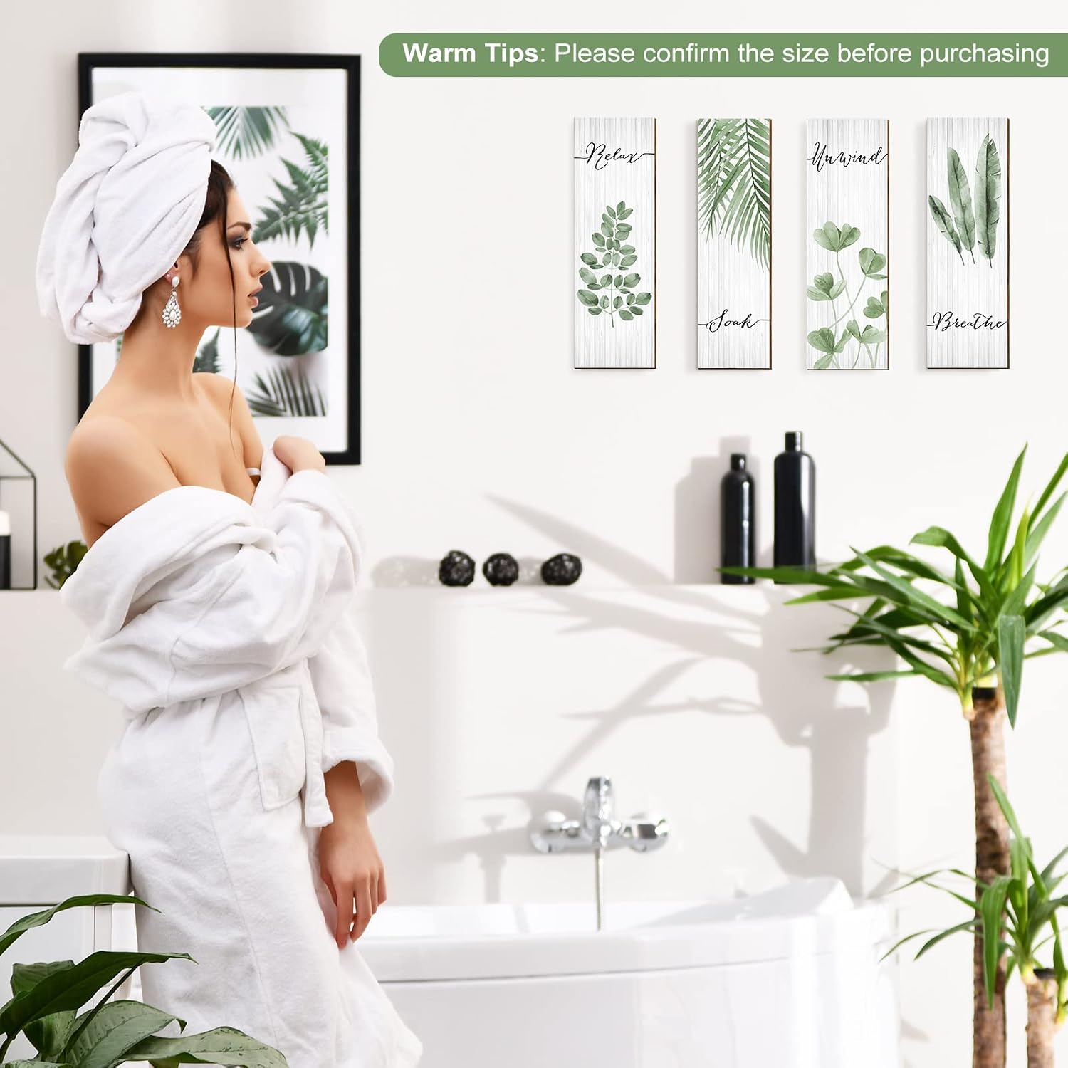 Bathroom Wall Decor 4 Pieces Relax Soak Unwind Breathe with Boho Leaf Art Print Minimalist Bathroom Sign Botanical Wooden Hanging Wall Art Decor for Farmhouse Home Bathroom (Green, 15.7 x 5.2 Inch)