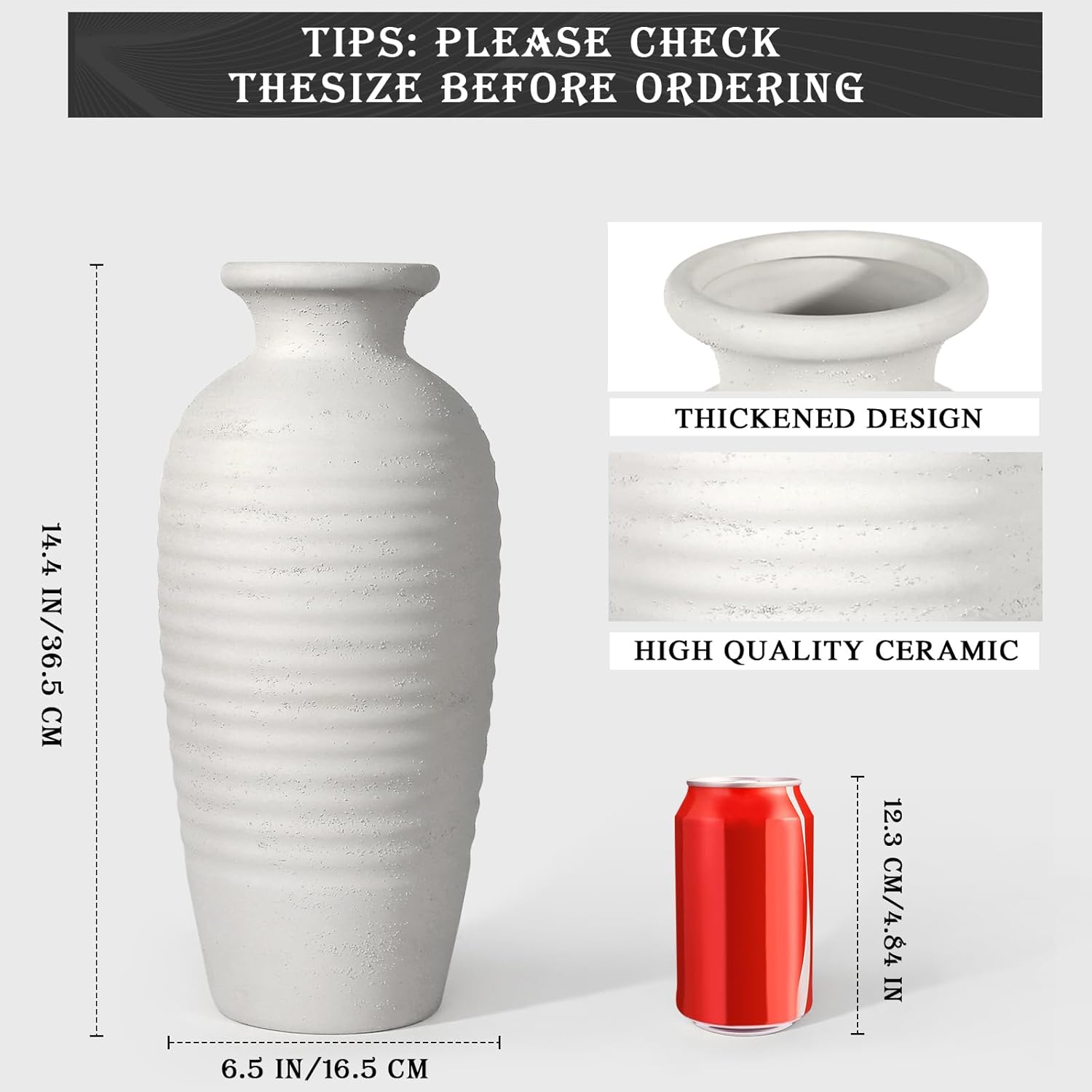 Tall Vintage Ceramic Vase - 14.4 Inch Textured Surface Flower Vase for Home Decor, Farmhouse & Modern Interior, Large Ceramic vase Perfect for Living Room, Wedding Centerpiece, Gift for Housewarming