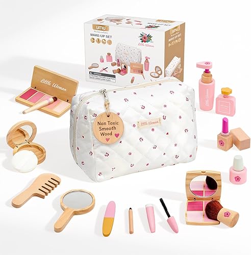 Juego de juguetes de maquillaje de madera para niñas, kit de maquillaje para niños pequeños de 3 a 5 años con sombra de ojos, rímel, perfume, rubor,