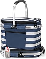 ALLCAMP Insulated Foldable Picnic Basket Cooler - 32L Large Capacity, Removable Baskets, Sewn-in Frame for Picnics & Gifts (Blue White)