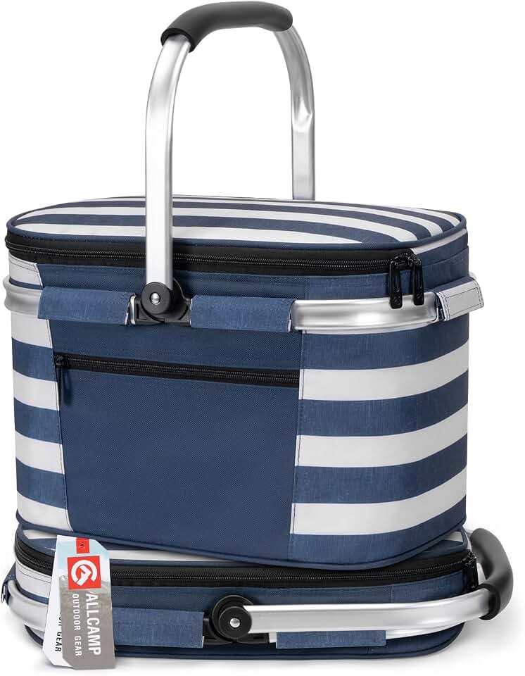 ALLCAMP Picnic Basket, 22L Insulated Cooler Foldable, Thick, Blue White | Tri-layer insulation, foldable flat, thick reinforced material, outdoor, camping, picnic, concert, housewarming gift