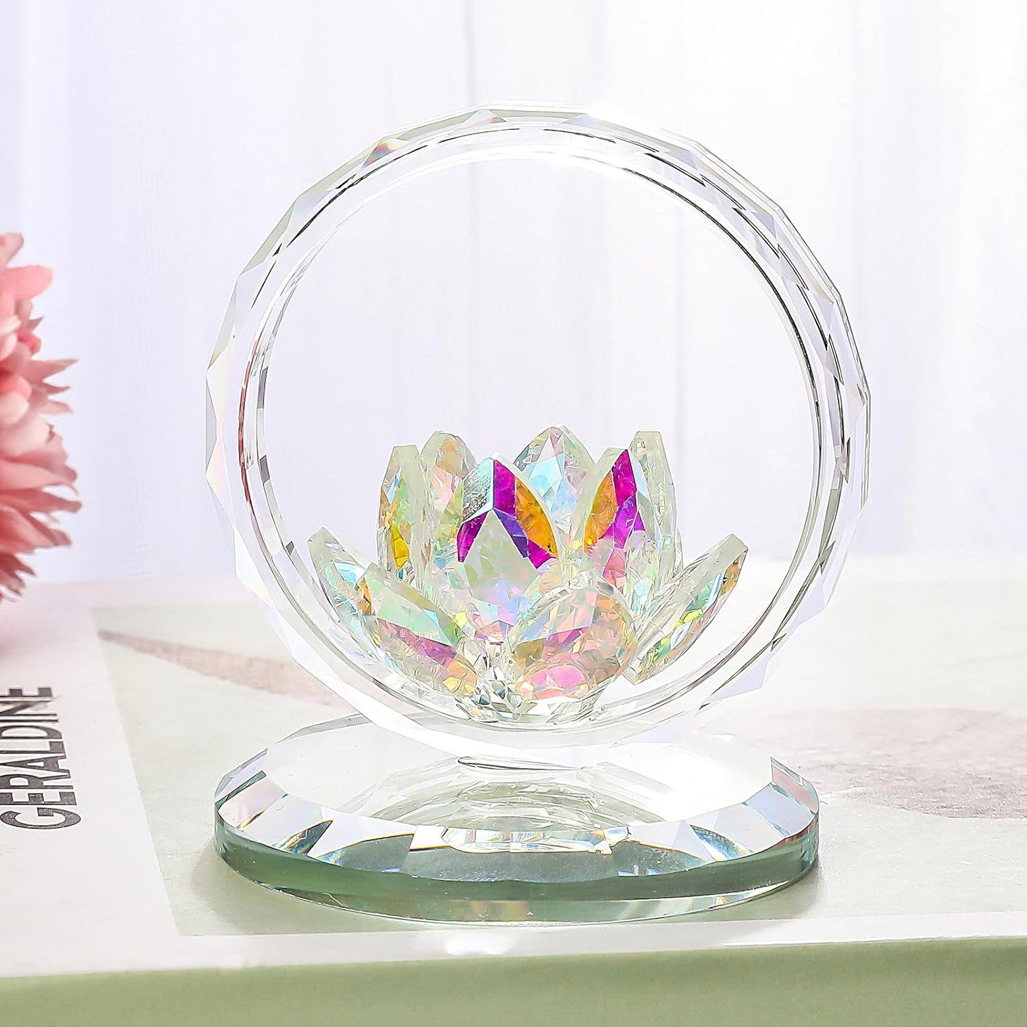 LONGWIN Crystal Lotus Flower Basket Figurine Collectible Glass Flowers Art Decor Reflection Feng Shui Decorative Ornaments for Living Room Bedroom Office AB - Coated - Image 6