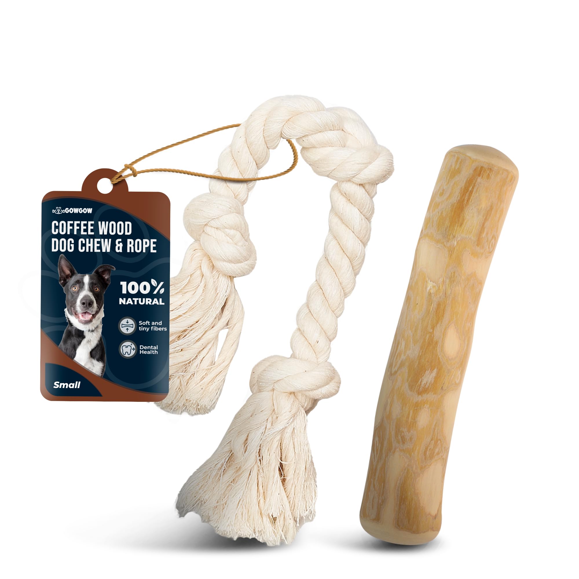 GOWGOW Coffee Wood Dog Chews 7.5" & Dog Rope Toys 100% Natural for Teething, Stress Relief, Dental Health, Organic Toys - Size S