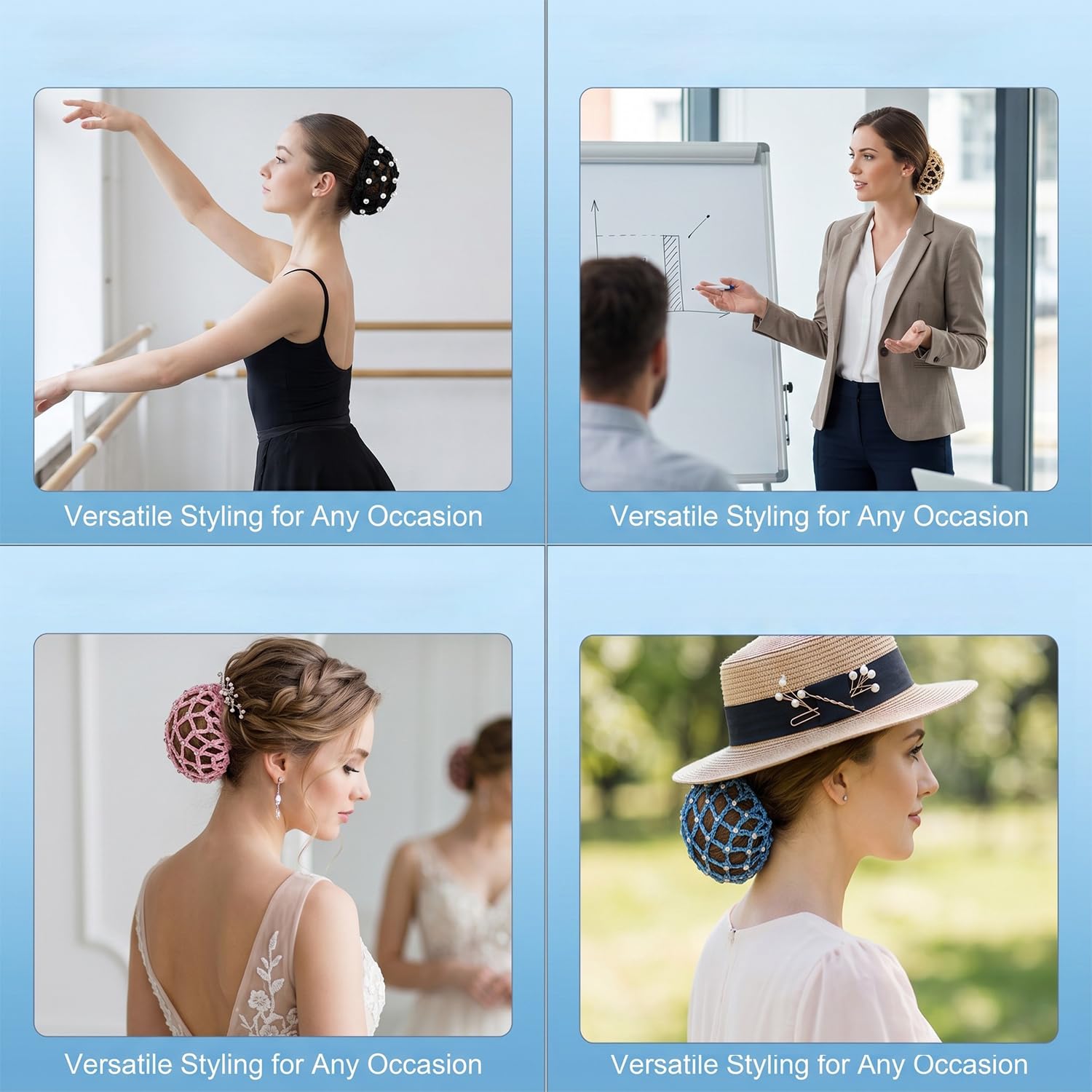 4 Pezzi Retine per Chignon Bambina e Donna con Perle e Brillantini, Include 50 Forcine a U Oro, Retina per Capelli Elastica per Danza Classica, Balletto, Pattinaggio e Equitazione (4 Colori)