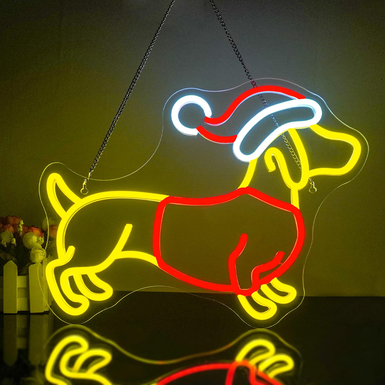Looklight Christmas Neon Sign, Dachshund Neon Signs, Cute Dachshund with Christmas Hat
