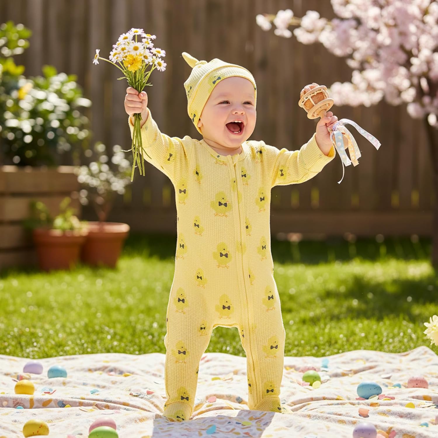 Lamuusaa Newborn Baby Boy Easter Outfit Long Sleeve Chick Print Footie Romper Zipper Bodysuit Jumpsuit Hat 0 3 6 12 18 Months - Image 2