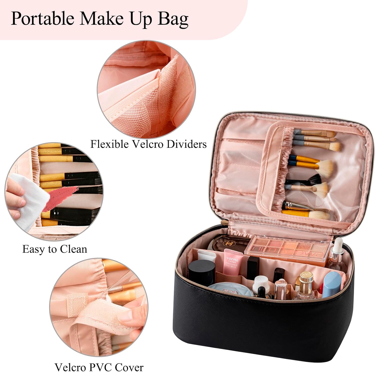 Travel Makeup Organizer Bag for Girls, Waterproof Cosmetic Bags for Women with Brush Holder | Portable Makeup Pouch with Handle & Divider, Skincare Bag with Zipper Teen Women Birthday Gifts