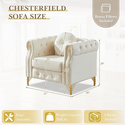 Miniatura 2 de SLEERWAY Cómodo sofá individual con brazos enrollados y almohadas, silla de terciopelo moderna de mediados de siglo con ribete dorado y patas, Beige