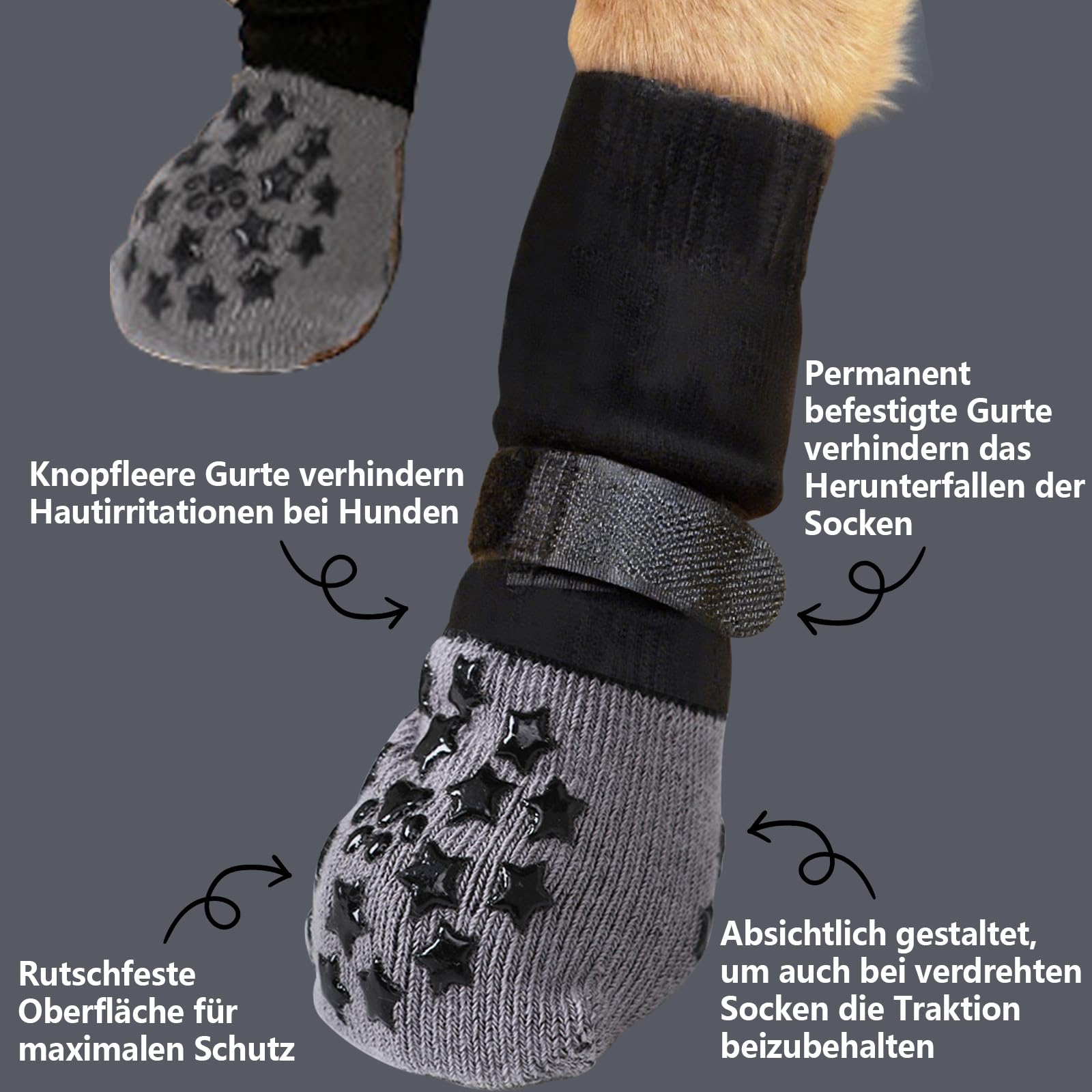 Lot de 2 paires de chaussettes antidérapantes pour chien - Protection des pattes de chien - Protection contre la chaleur - Avec fermeture réglable et bande réfléchissante - Contrôle complet de