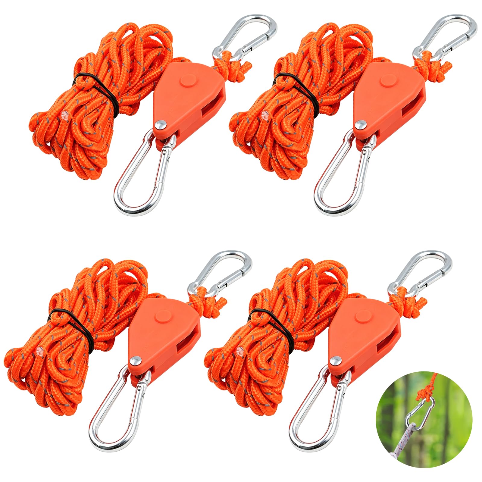 Mritrit Orange 4 Tent Guy Ropes With Pulley, 4M Adjustable Ratchet Ropes With Tensioner, Heavy Duty Guide Rope Ratchet With Quick Release For Camping Sun Sail Awning Grow Light Hangers,