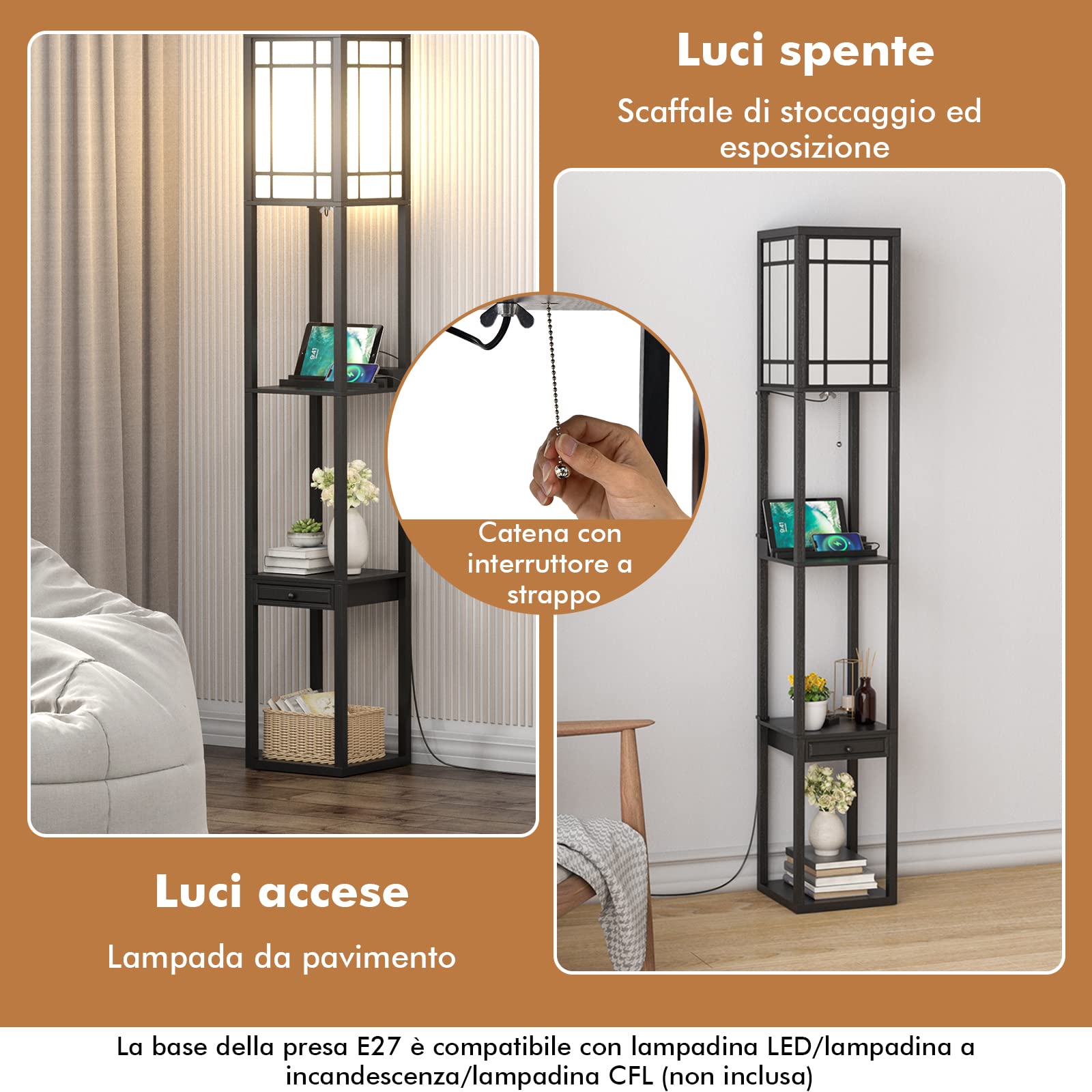 GYMAX Lampada da Terra a Mensola, con 3 Ripiani, Porte di Ricarica USB e 1 Cassetto, per Soggiorno, Camera da Letto, Design Vintage e Moderno, Nero (Stile 1)