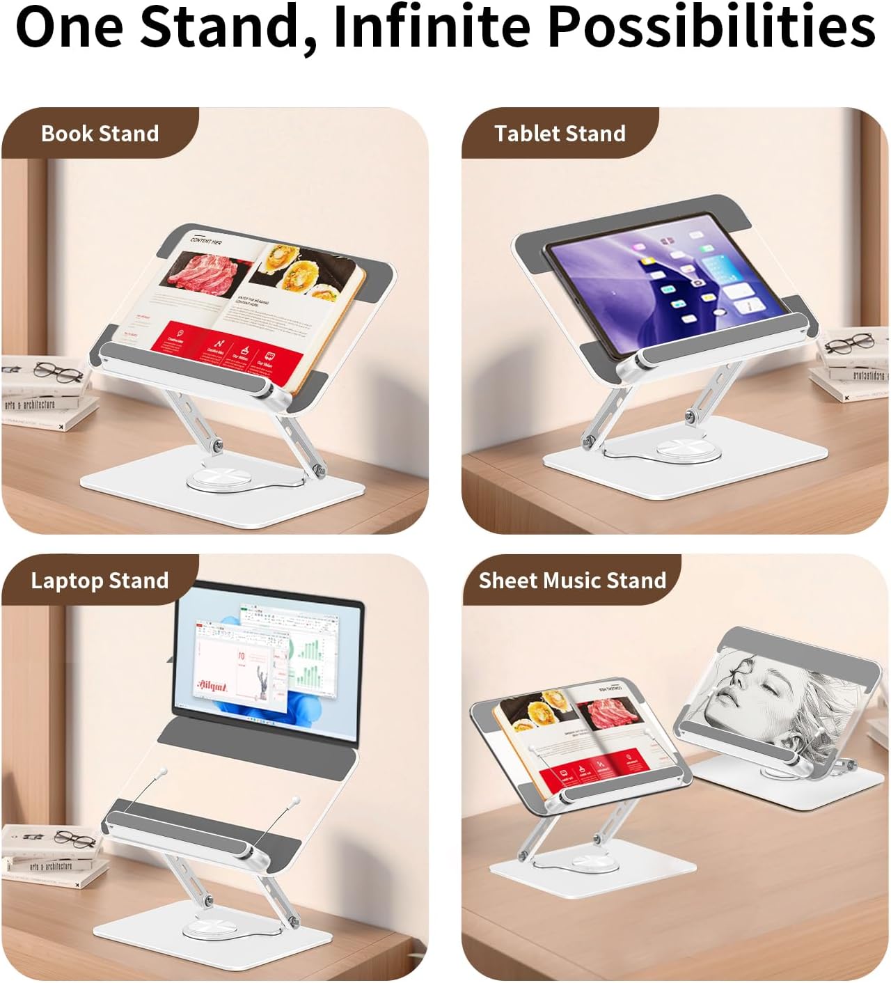 Adjustable Acrylic Book Stand for Reading in Bed, Book Holder Stand for Reading Hands Free, Cookbook Stand for Kitchen Counter, Reading Stand Book Holder for Couch, 360° Rotating & Page Clips