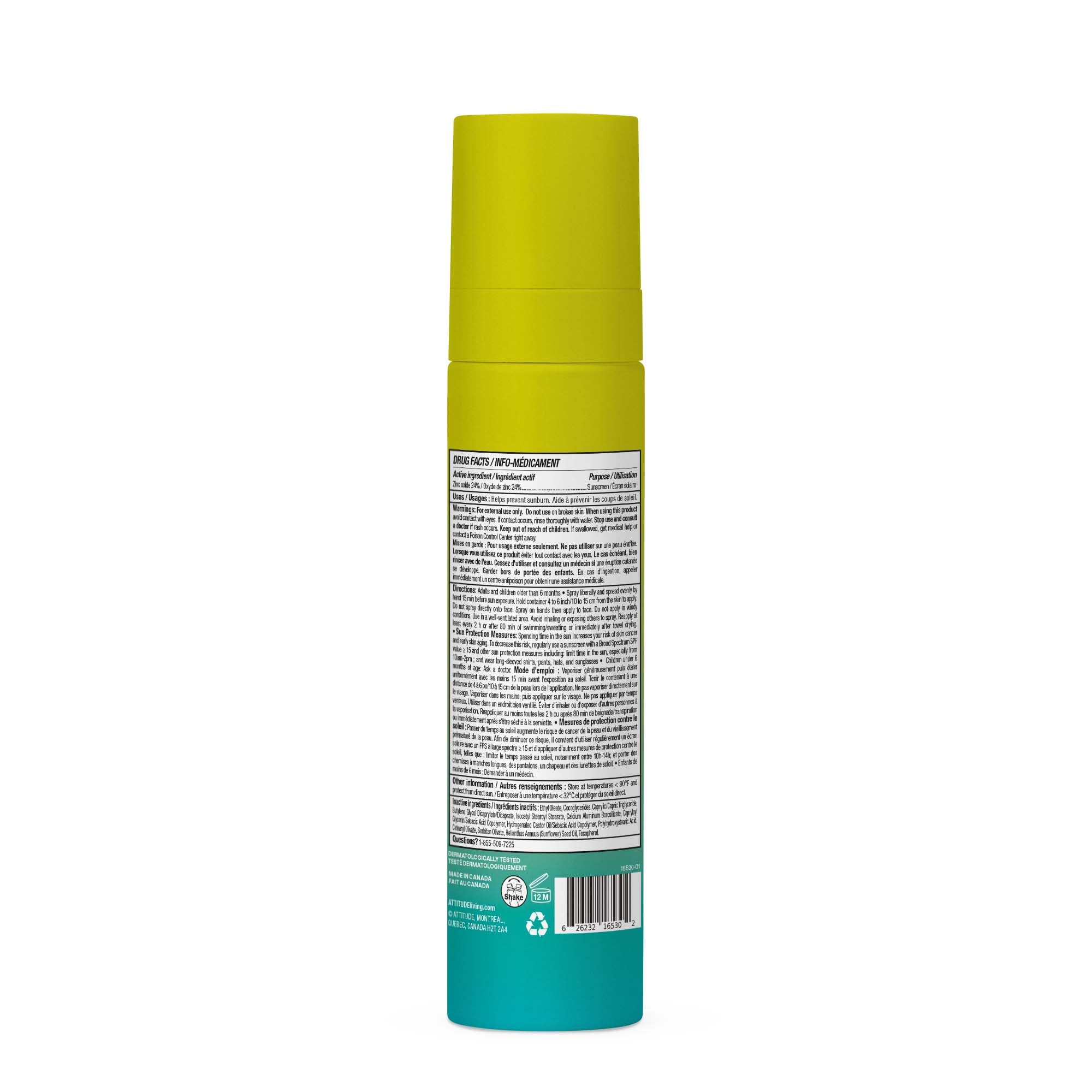 ATTITUDE Crème Solaire Ultra-Légère SPF 50, Large Spectre à l’Oxyde de Zinc, Vérifié EWG, Non Nano, Résistant à l’Eau, pour Visage et Corps, Végan, Sans Odeur, 80 g