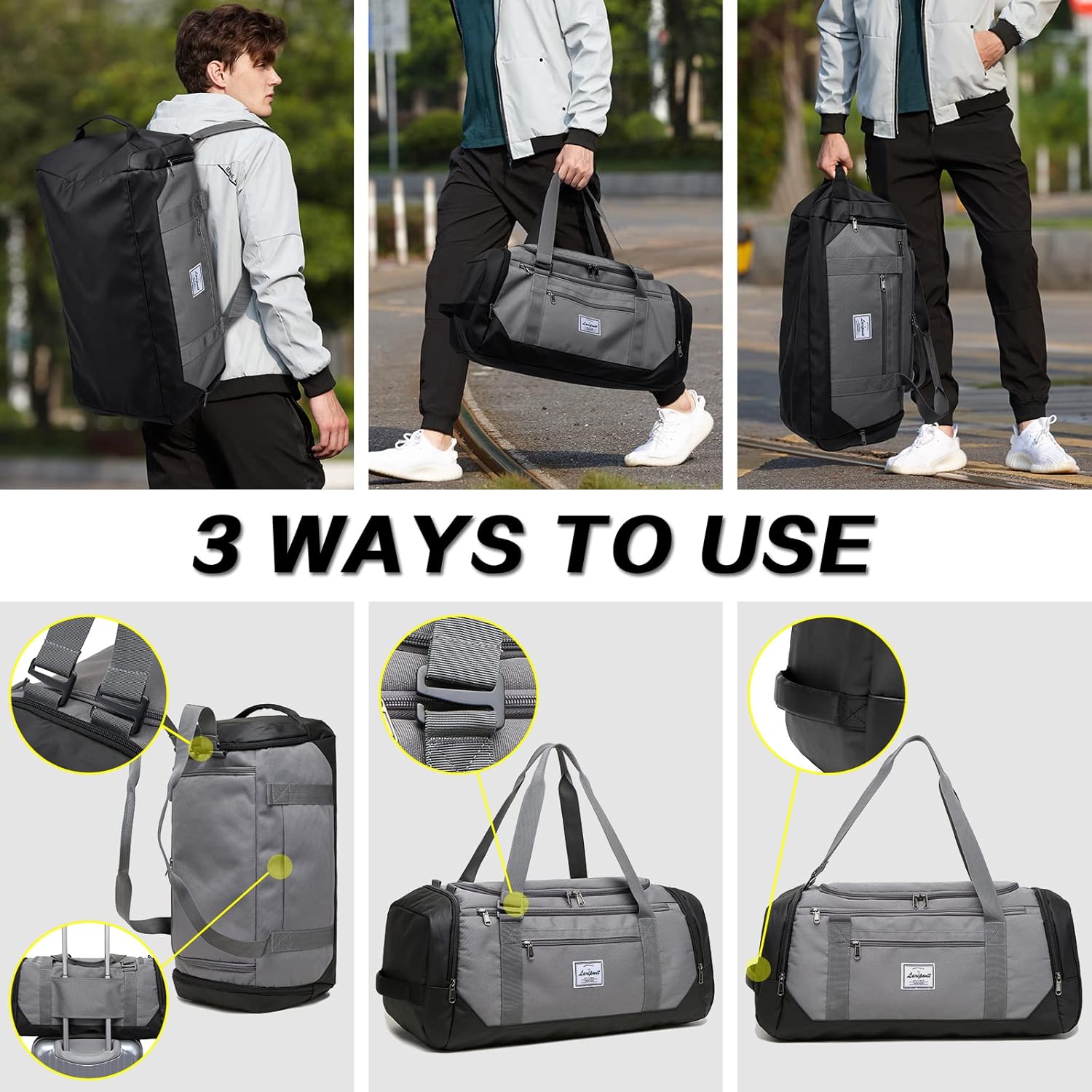 Laripwit Travel Duffle Bag for men 40L Medium Sports Gym Bag with Wet Pocket & Shoes Compartment Weekender Overnight Backpack for Traveling Duffel Bag Backpack for Women, Gray