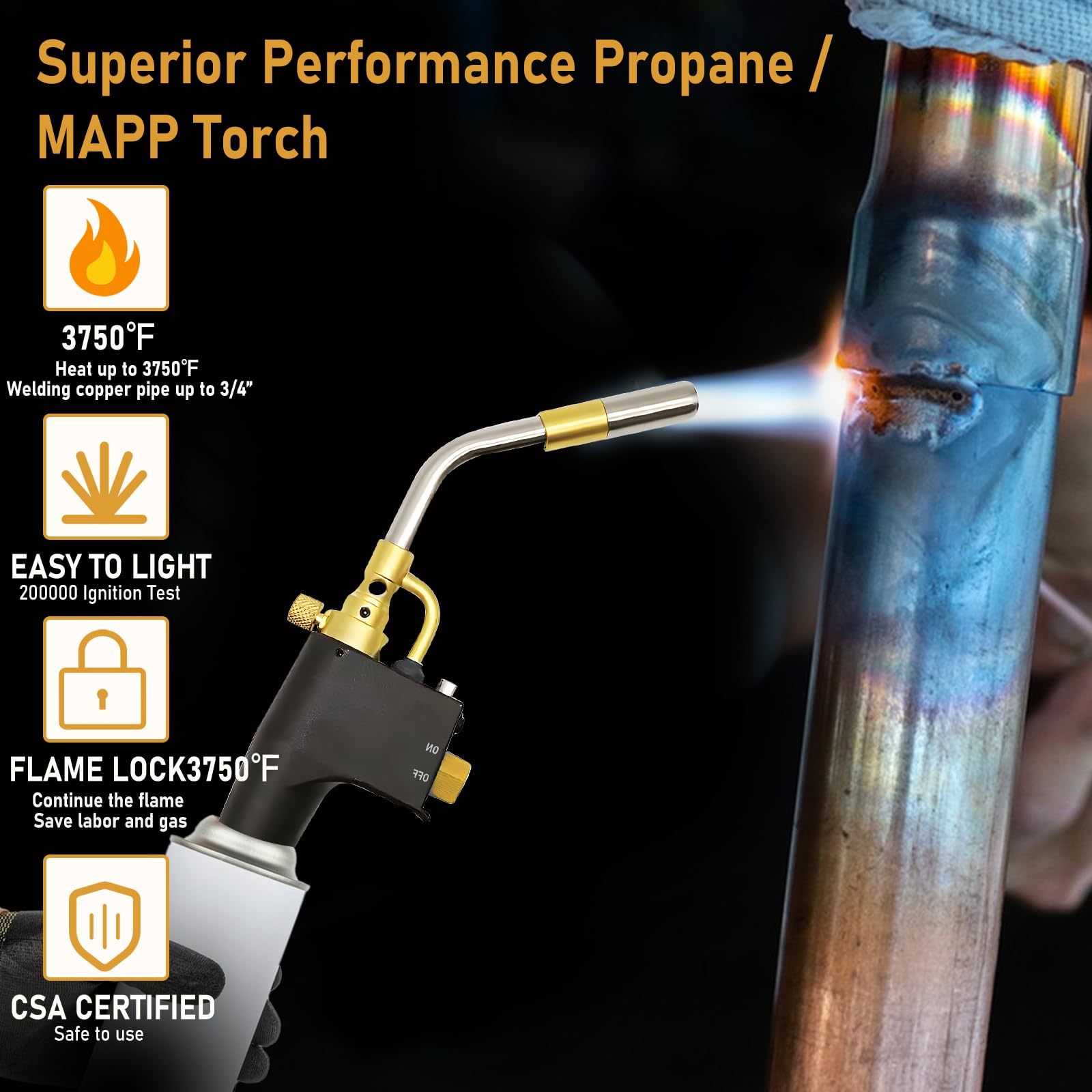 MAPP Chalumeau au propane, très résistant pour plomberie, brasage, torche portable à gaz haute chaleur, torche à déclenchement pour la cuisine et le soudage